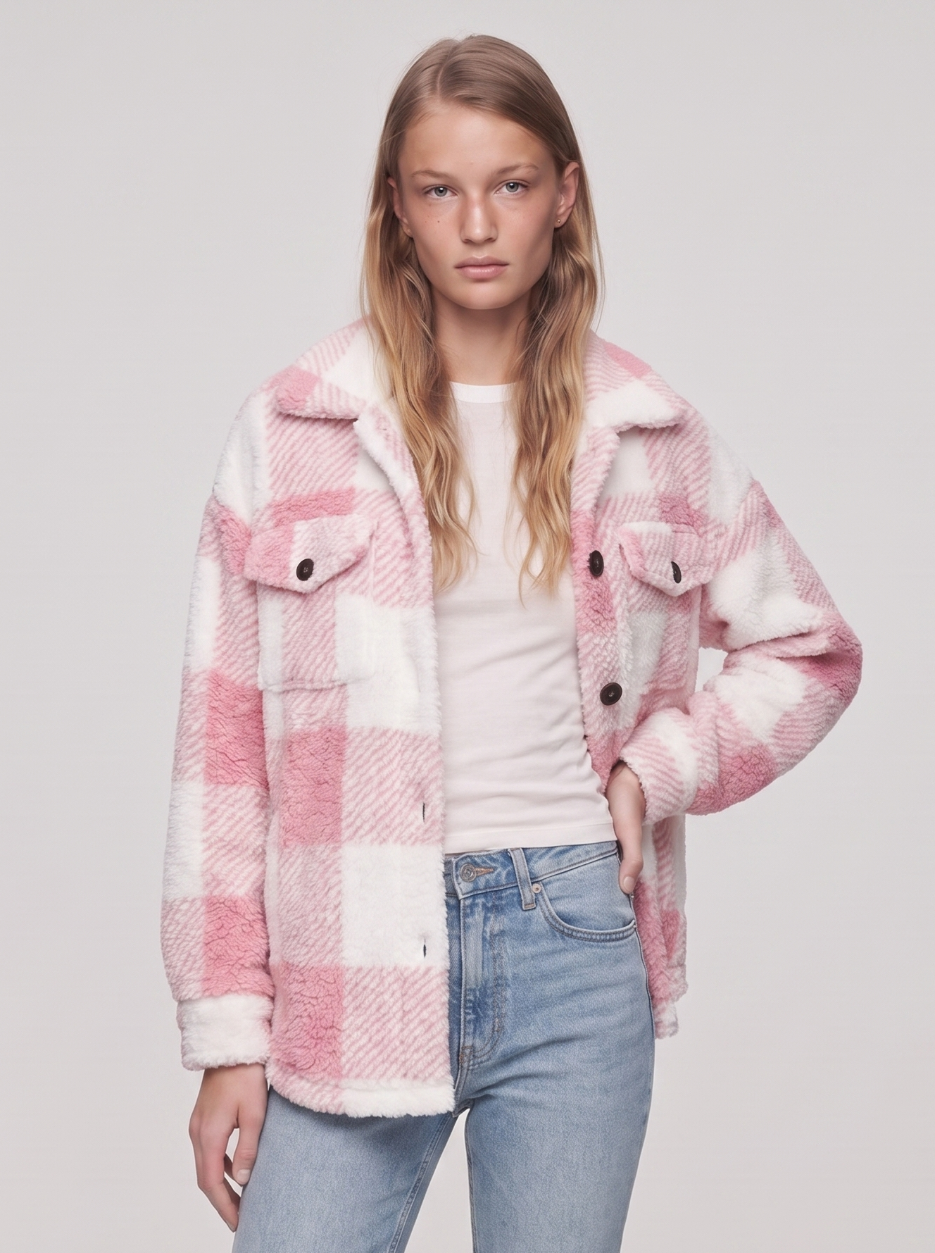 Ella Pink Plaid Fleece Jacket - front