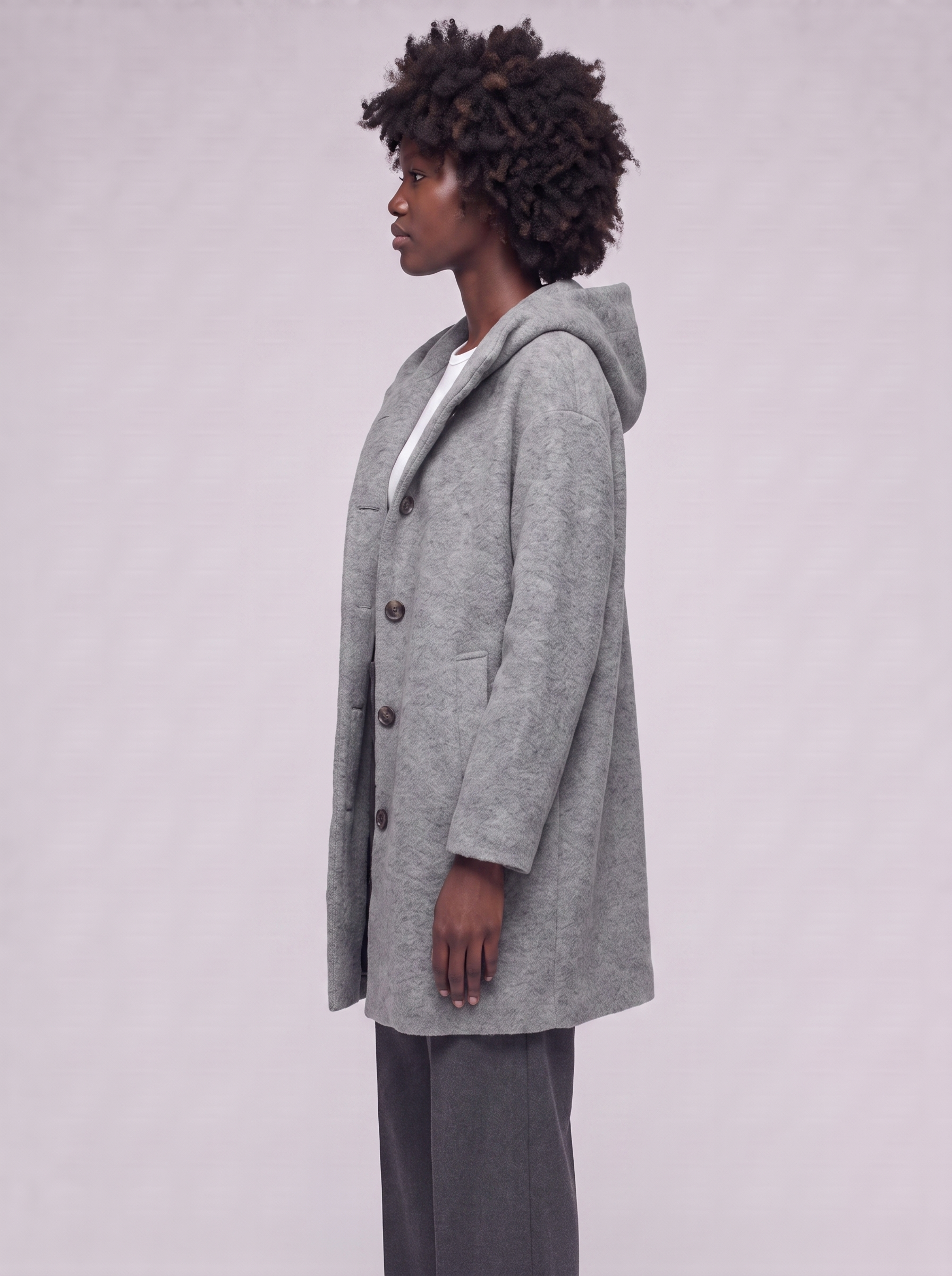Mia | Grey Hooded Button-Up Coat - side