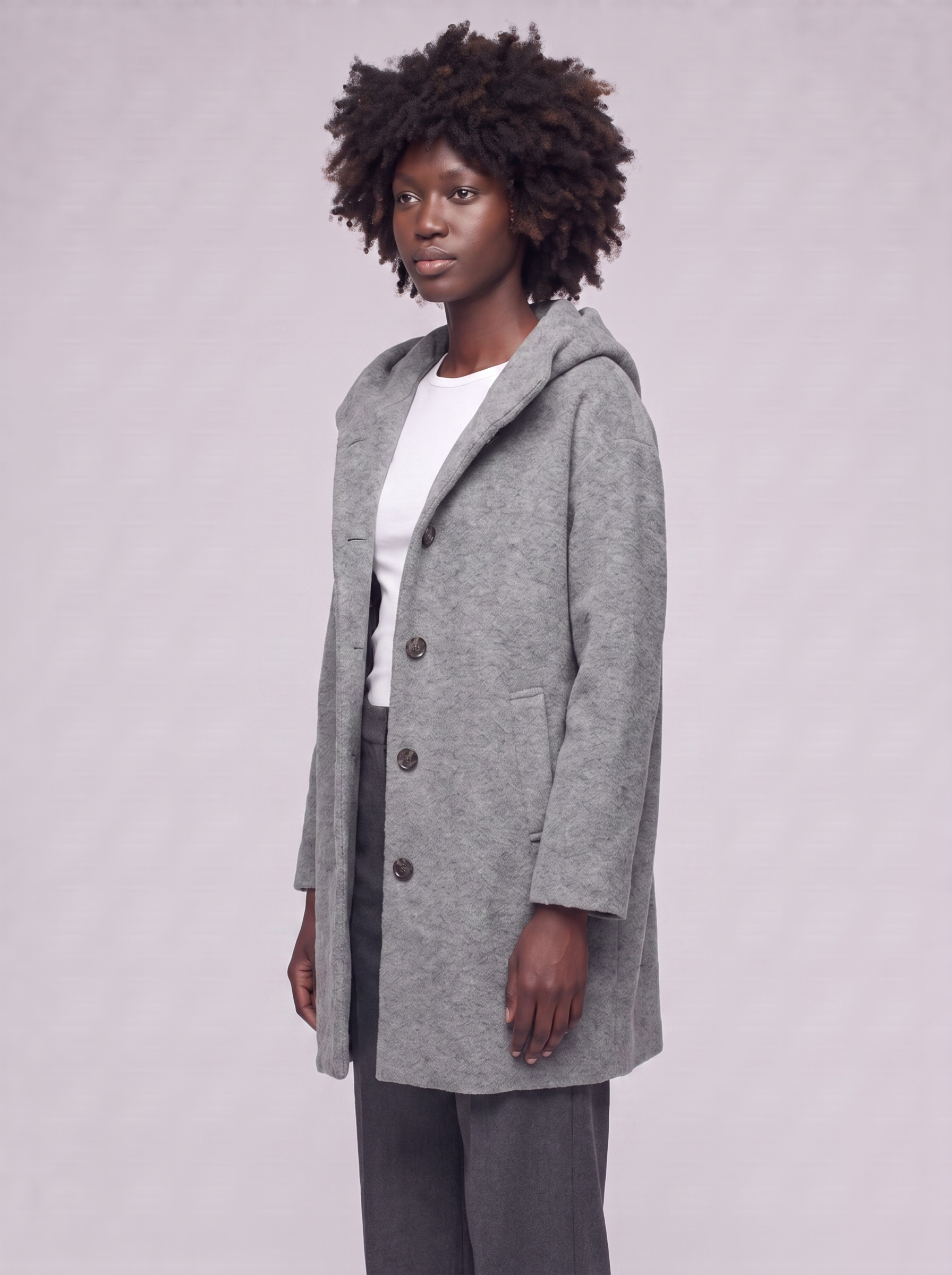 Mia | Grey Hooded Button-Up Coat - 3/4 turn