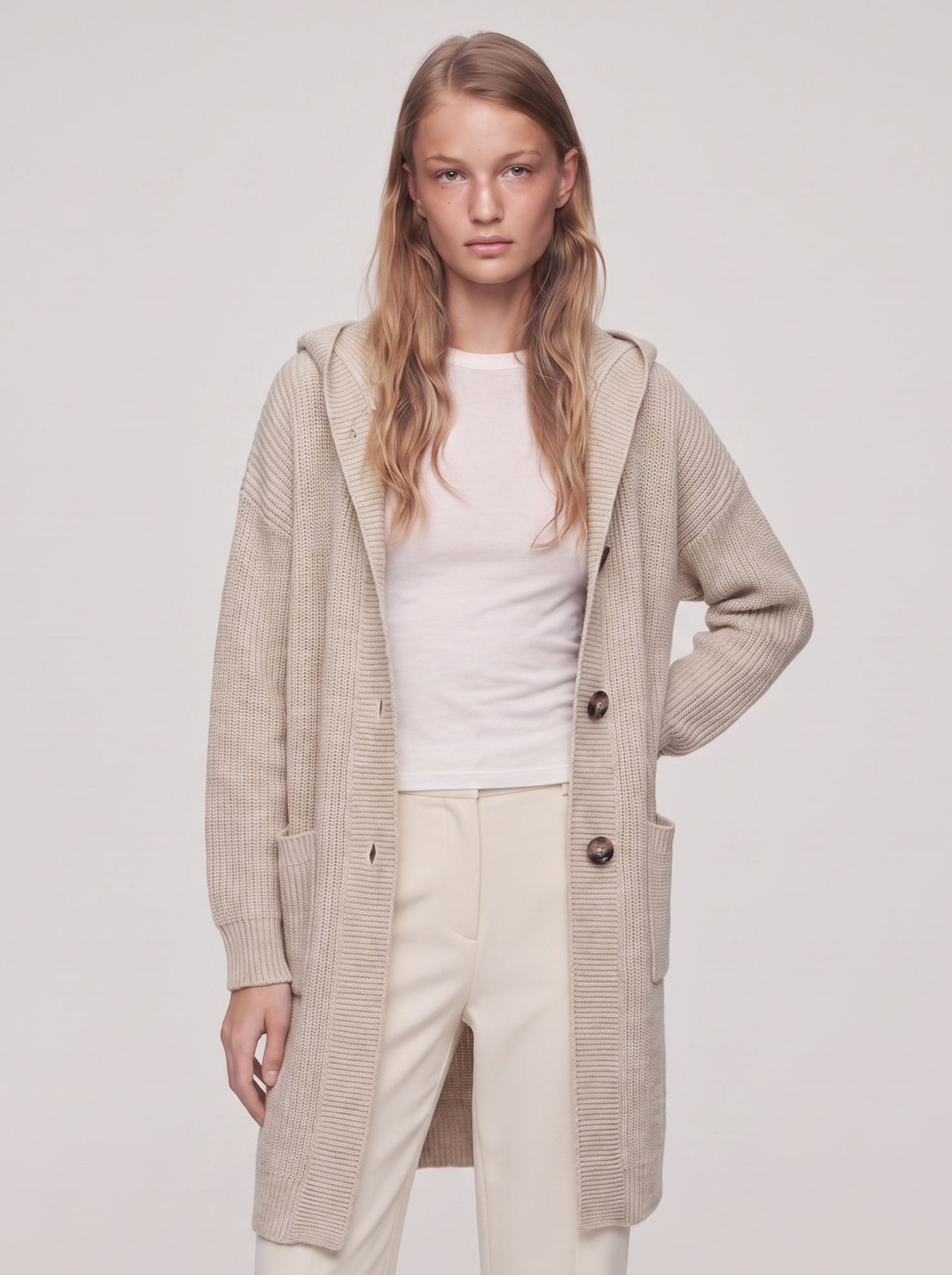 Ella Beige Chunky Knit Cardigan Coat - front