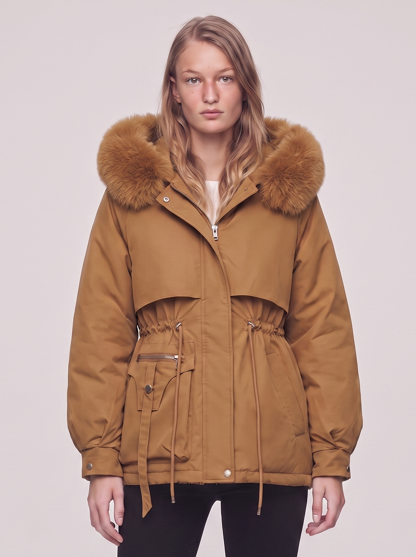 Ella Brown Belted Faux Fur Jacket - front