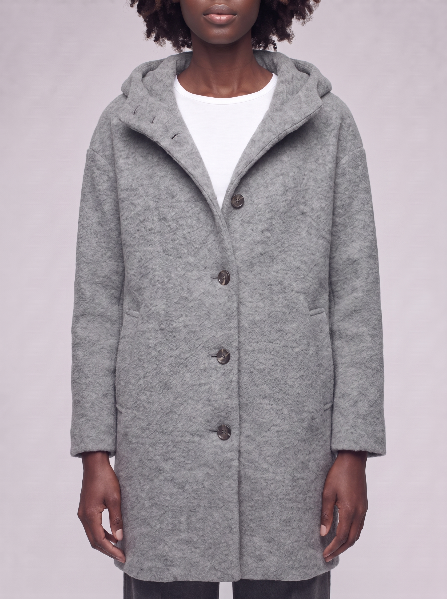 Mia | Grey Hooded Button-Up Coat - close-up