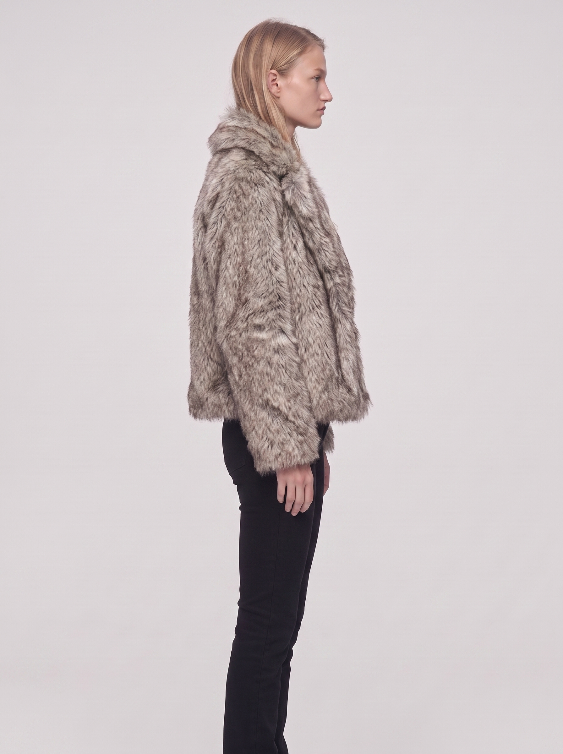 Ella Brown Open Front Faux Fur Jacket - side