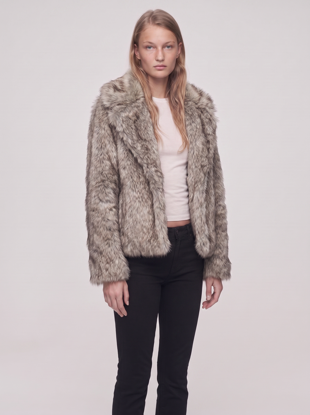 Ella Brown Open Front Faux Fur Jacket - three quarter