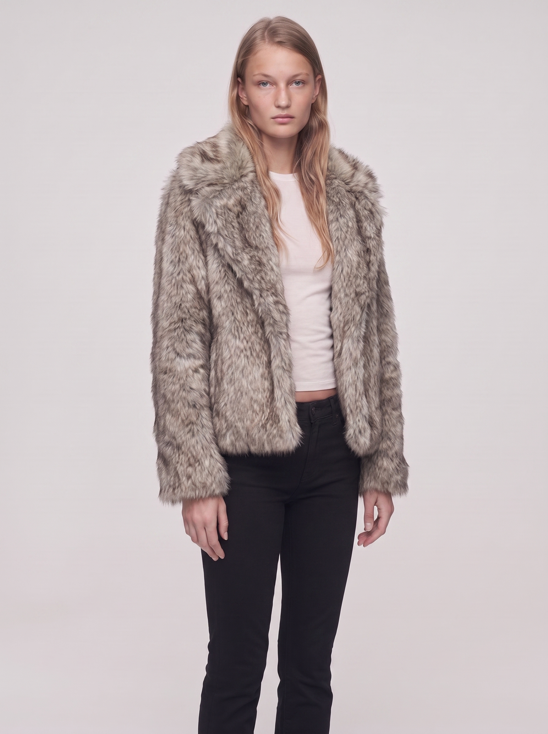 Ella Brown Open Front Faux Fur Jacket - three quarter