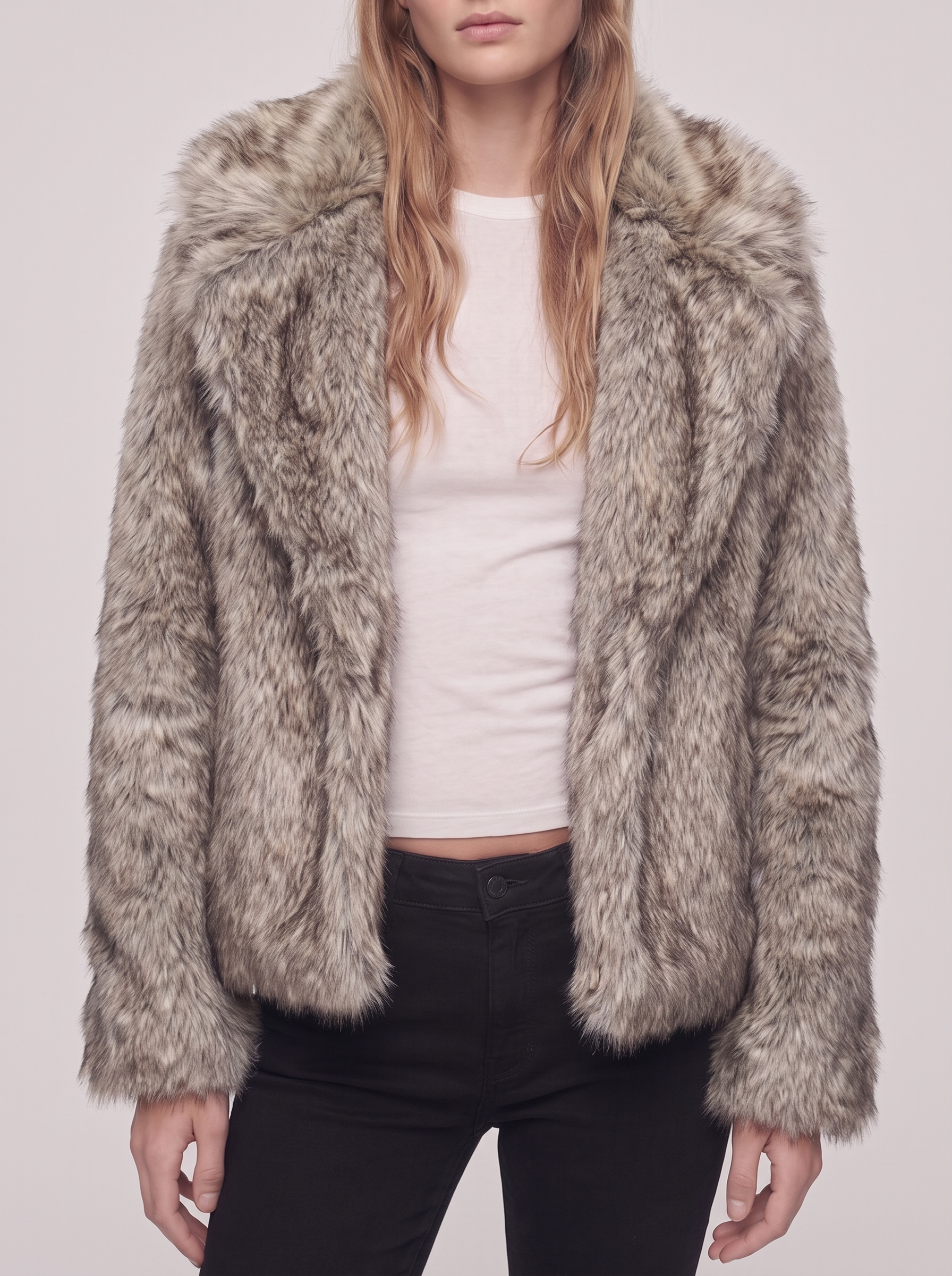 Ella Brown Open Front Faux Fur Jacket - detail