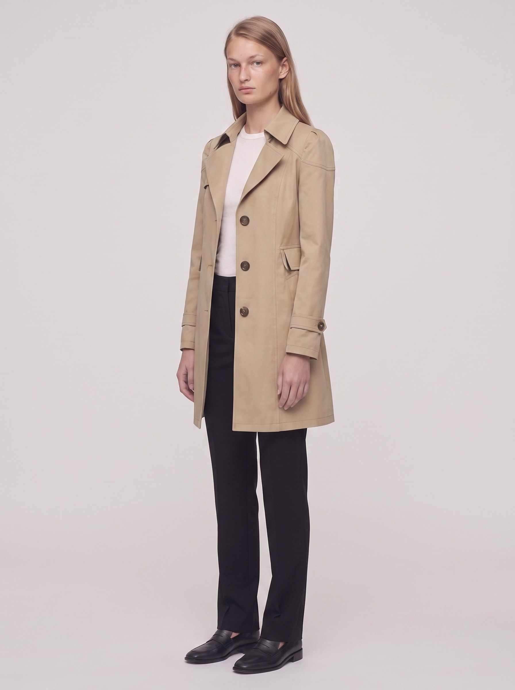 Ella Beige Lightweight Tailored Overcoat - three quarter
