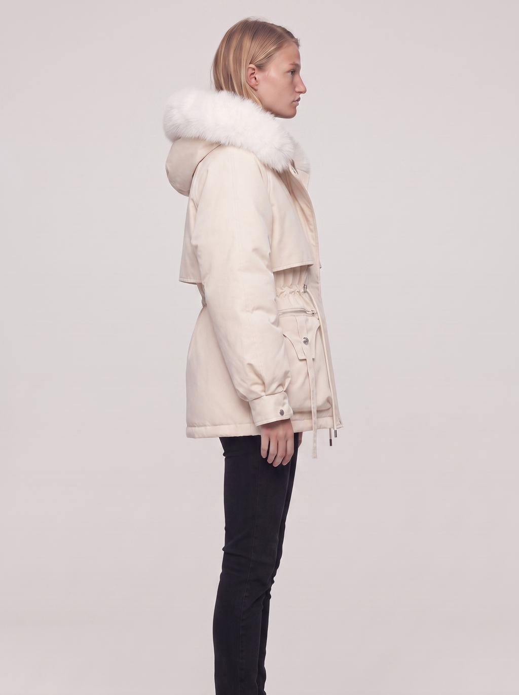 Ella Cream Belted Faux Fur Jacket - side
