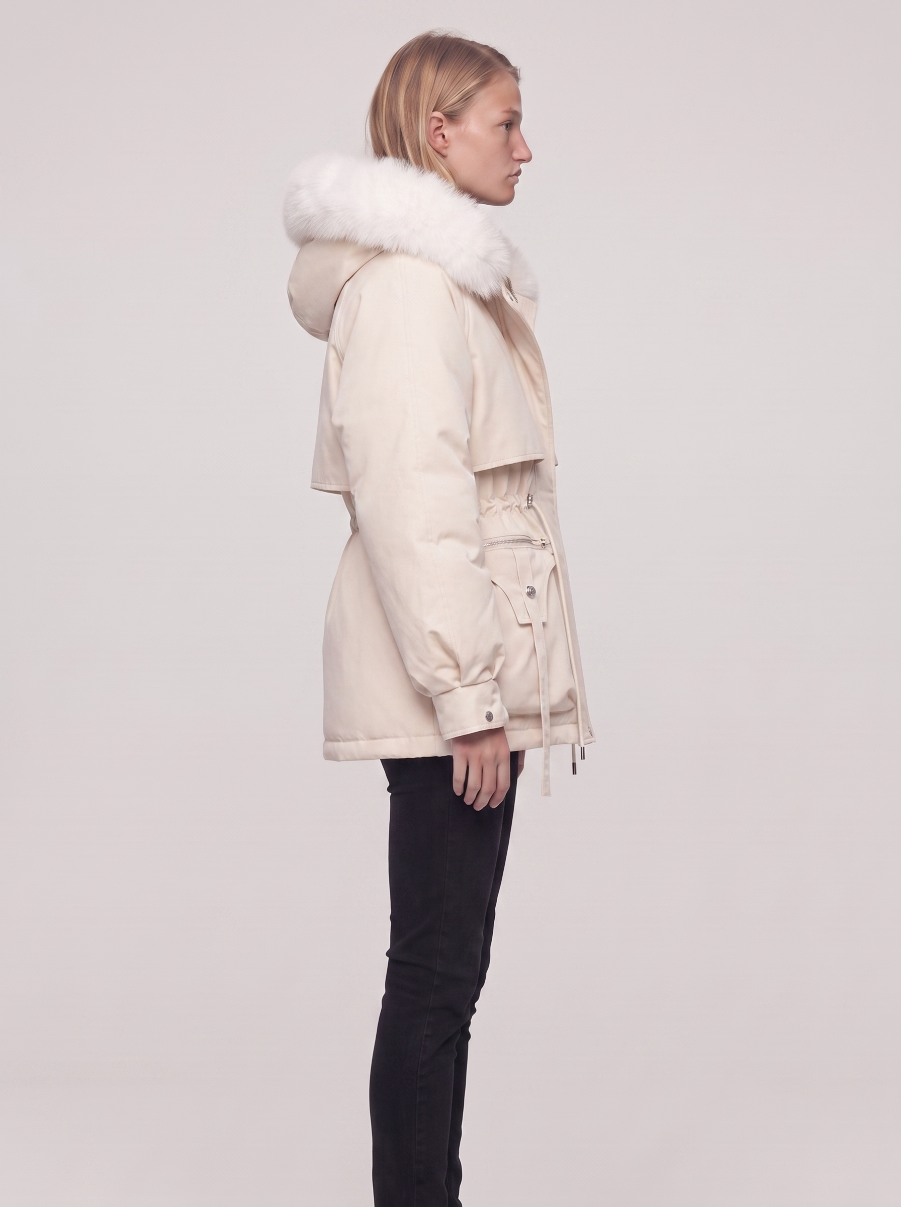 Ella Cream Belted Faux Fur Jacket - side