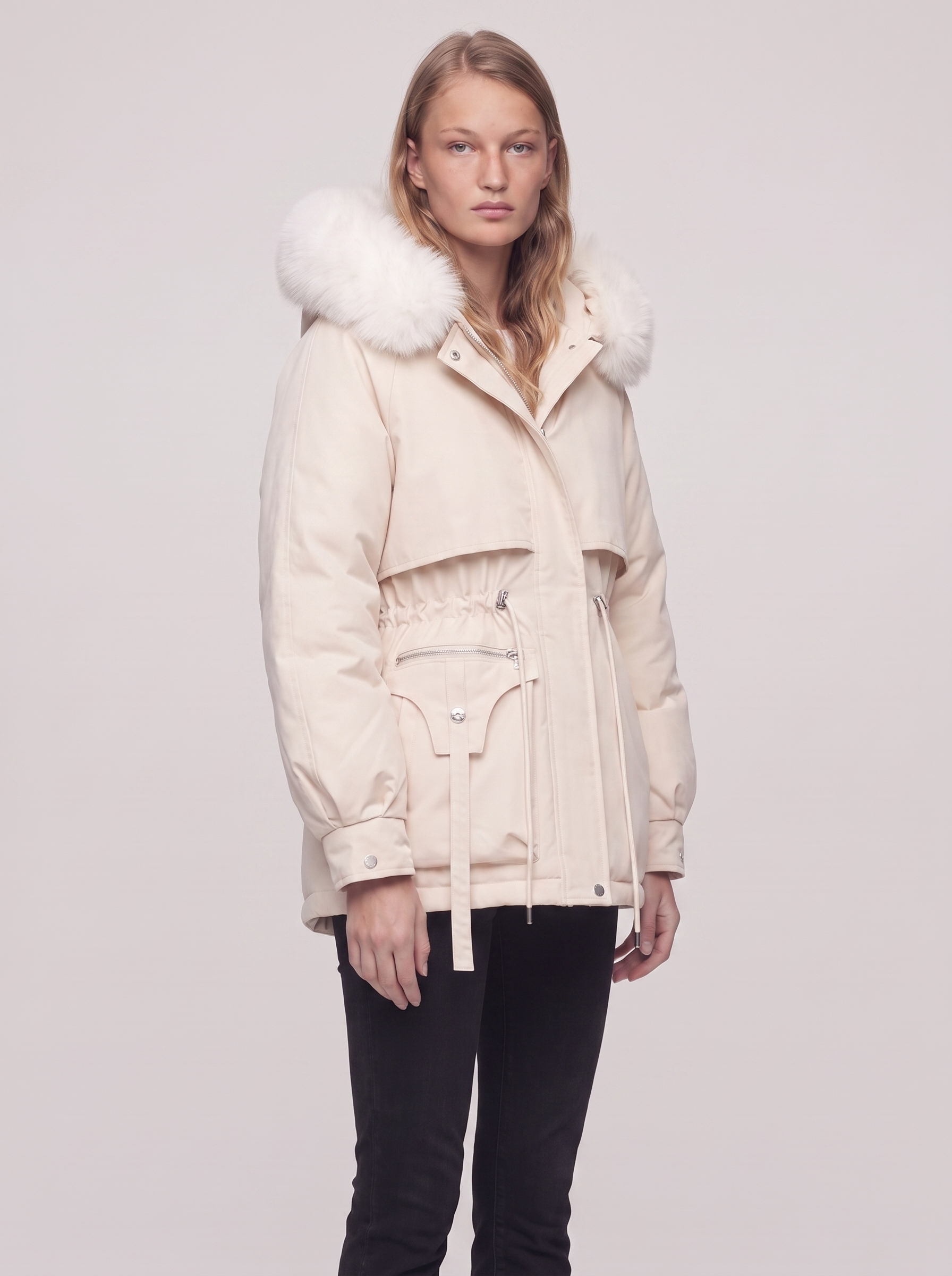 Ella Cream Belted Faux Fur Jacket - three quarter