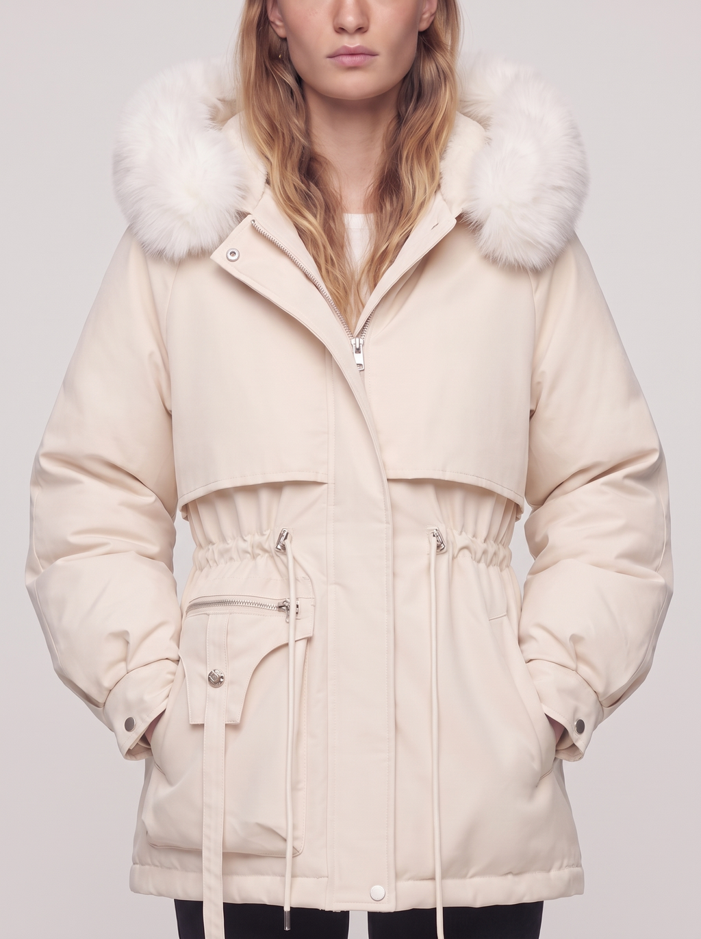 Ella Cream Belted Faux Fur Jacket - detail