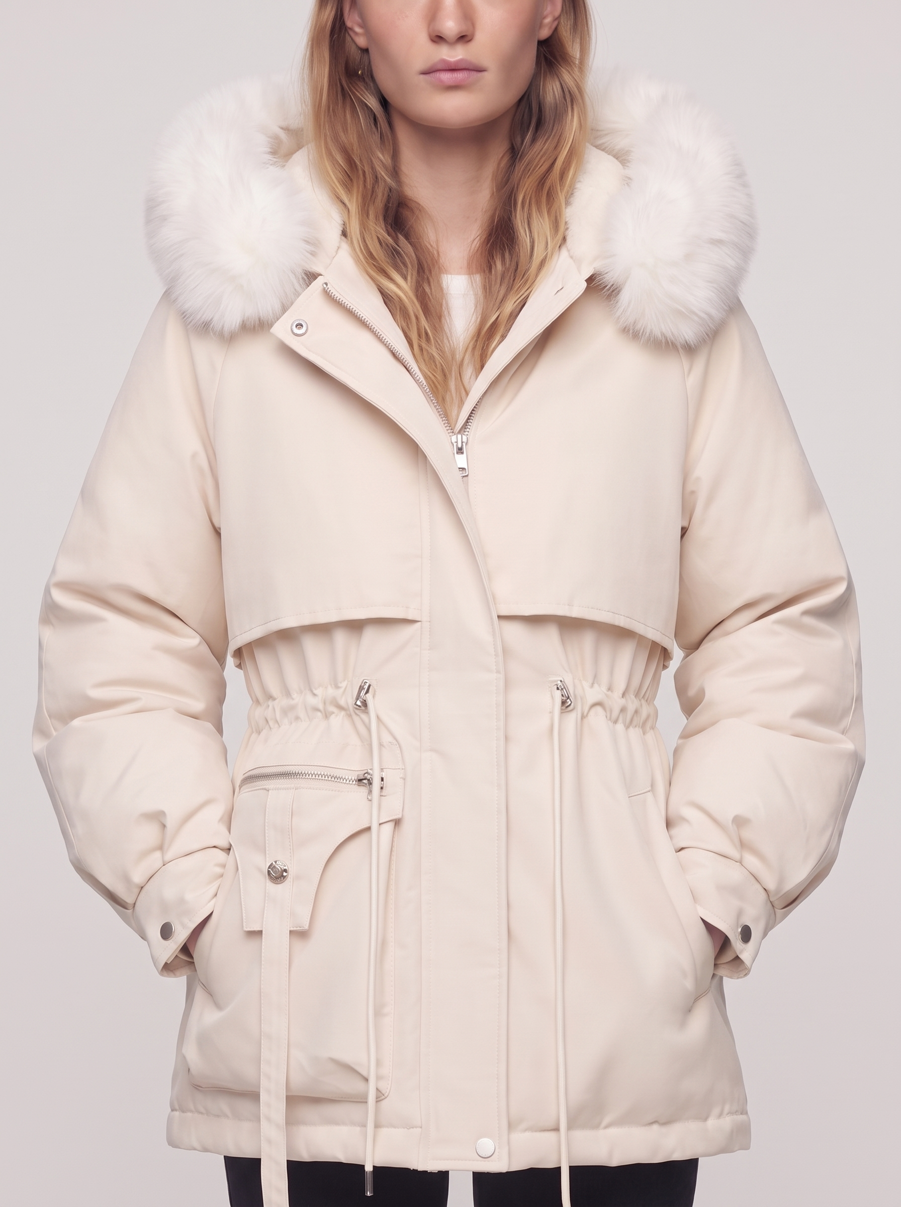 Ella Cream Belted Faux Fur Jacket - detail