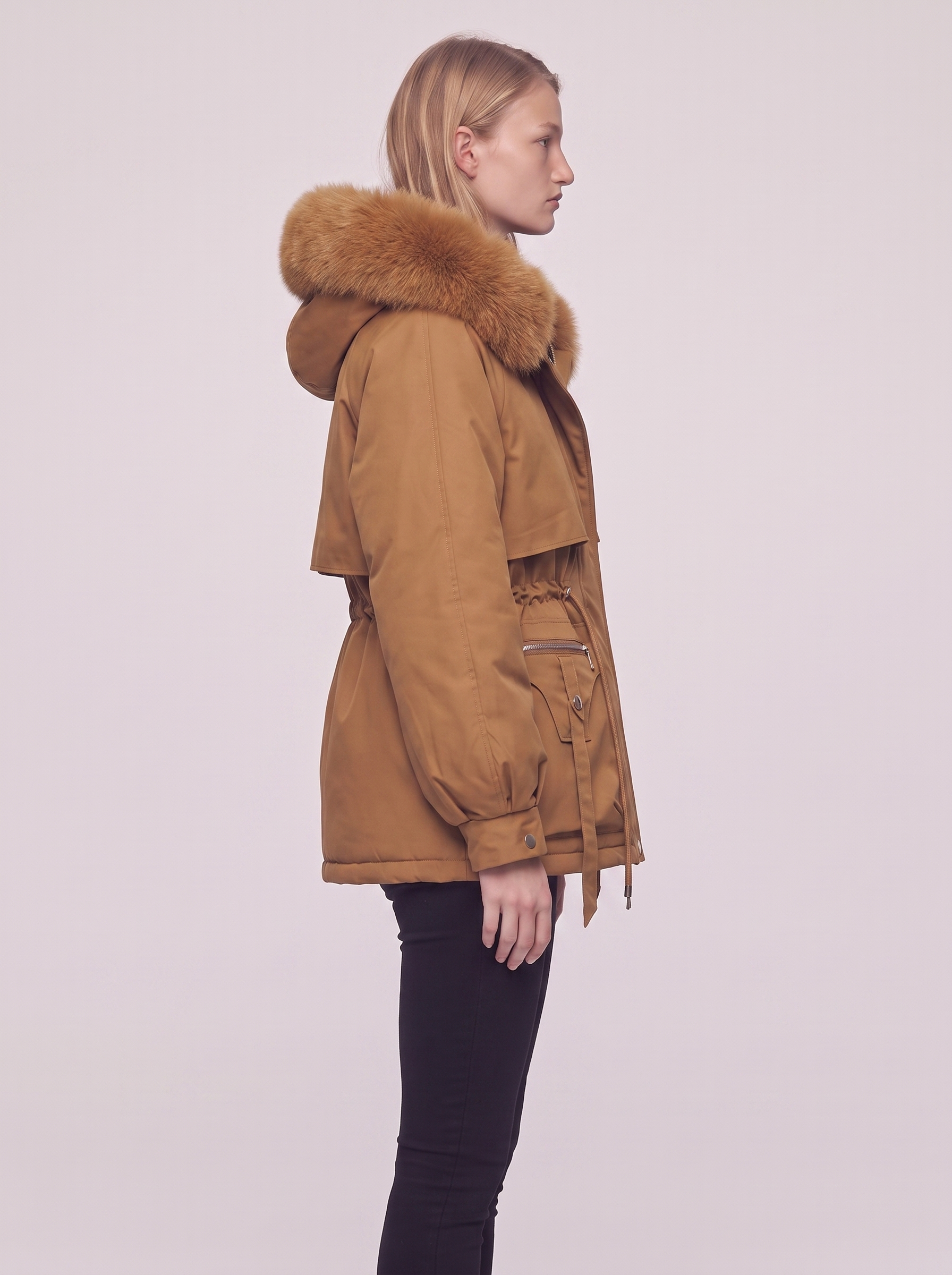 Ella Brown Belted Faux Fur Jacket - side