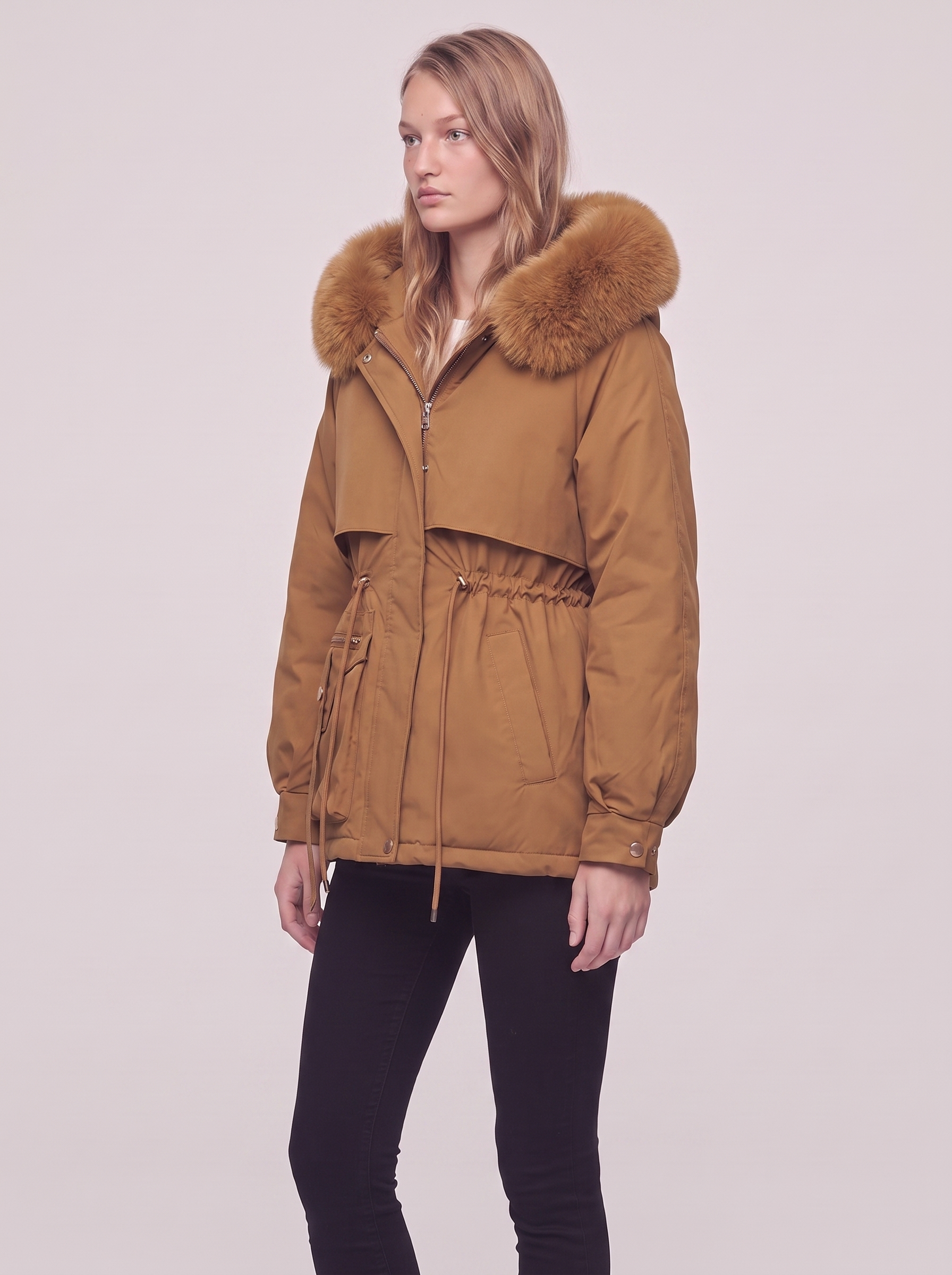 Ella Brown Belted Faux Fur Jacket - three quarter
