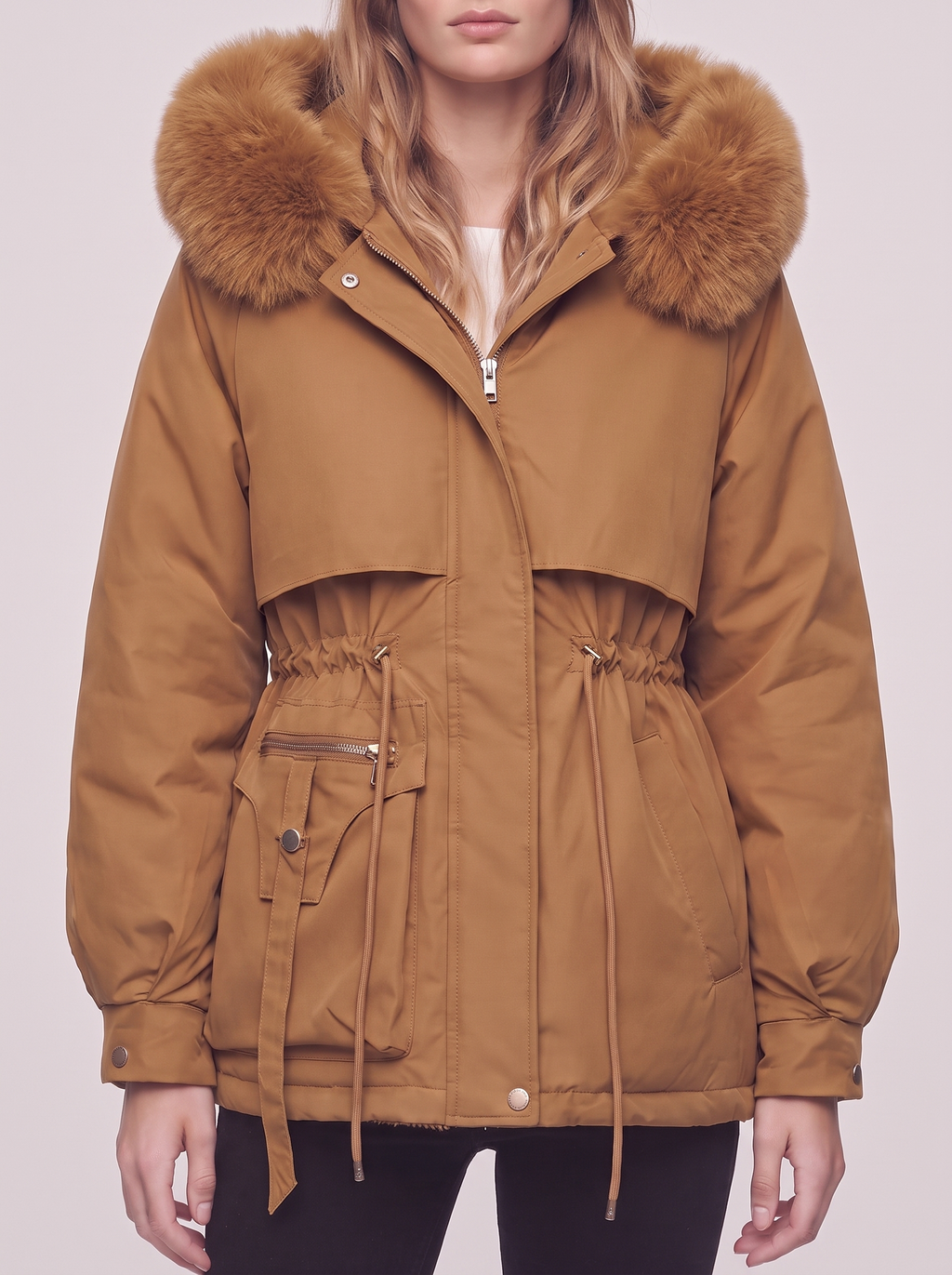 Ella Brown Belted Faux Fur Jacket - detail
