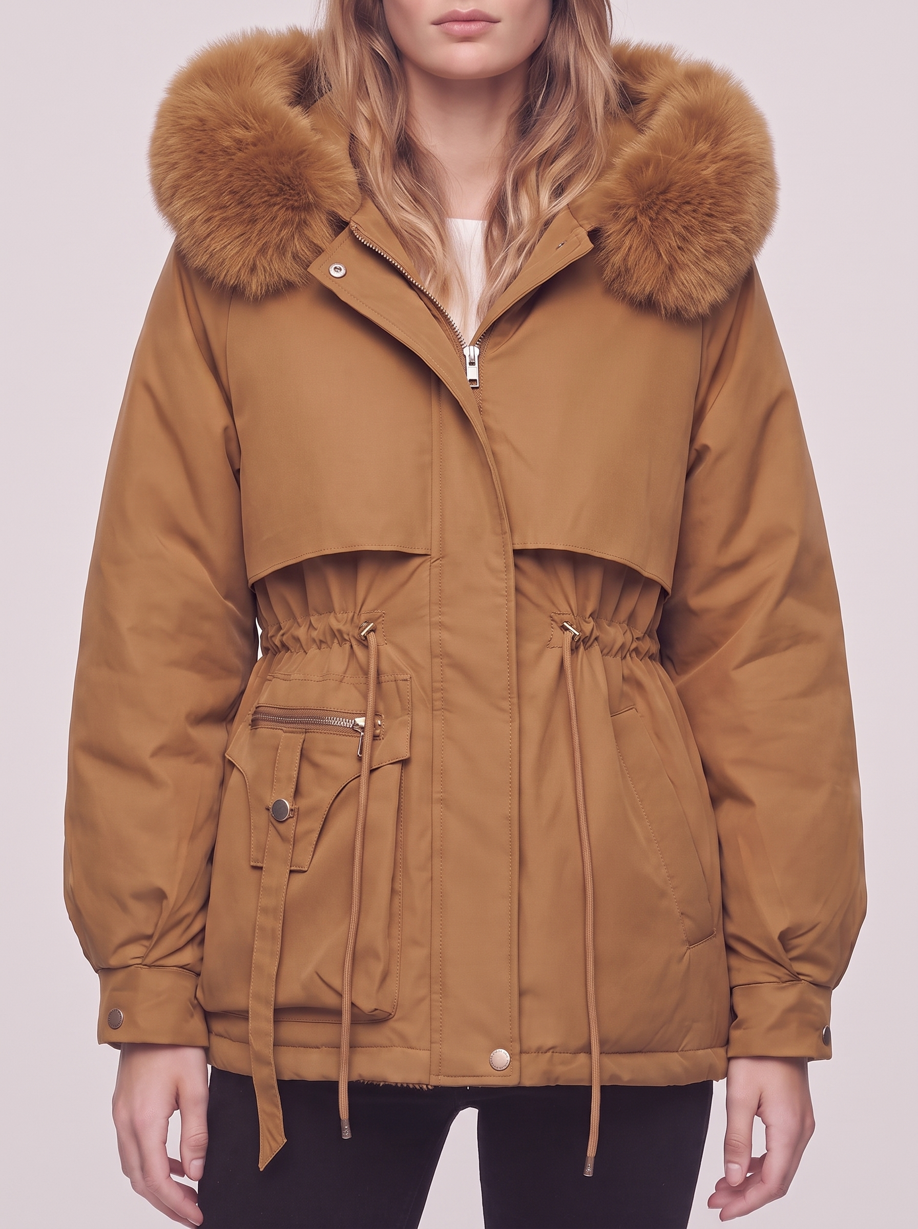Ella Brown Belted Faux Fur Jacket - detail