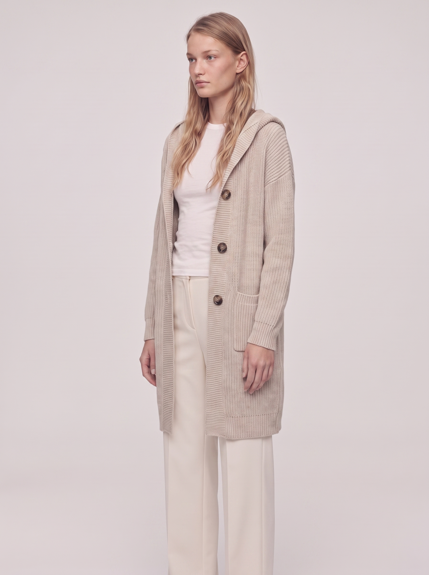 Ella Beige Chunky Knit Cardigan Coat - three quarter