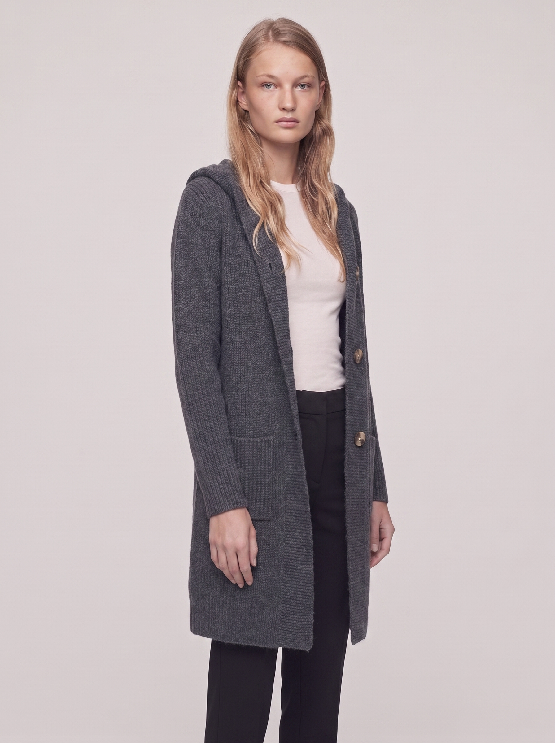 Ella Grey Chunky Knit Cardigan Coat - three quarter