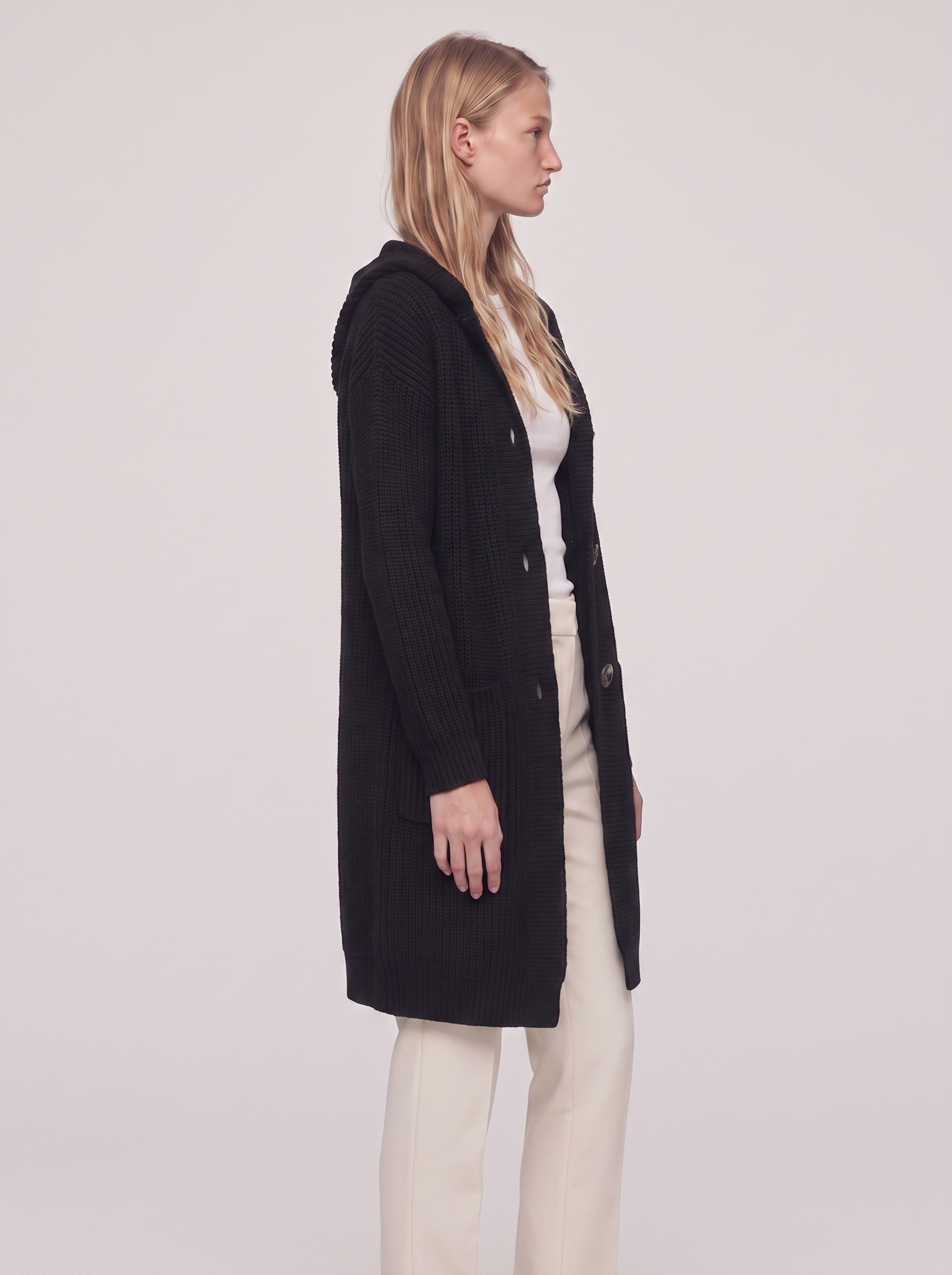 Ella Black Chunky Knit Cardigan Coat - side