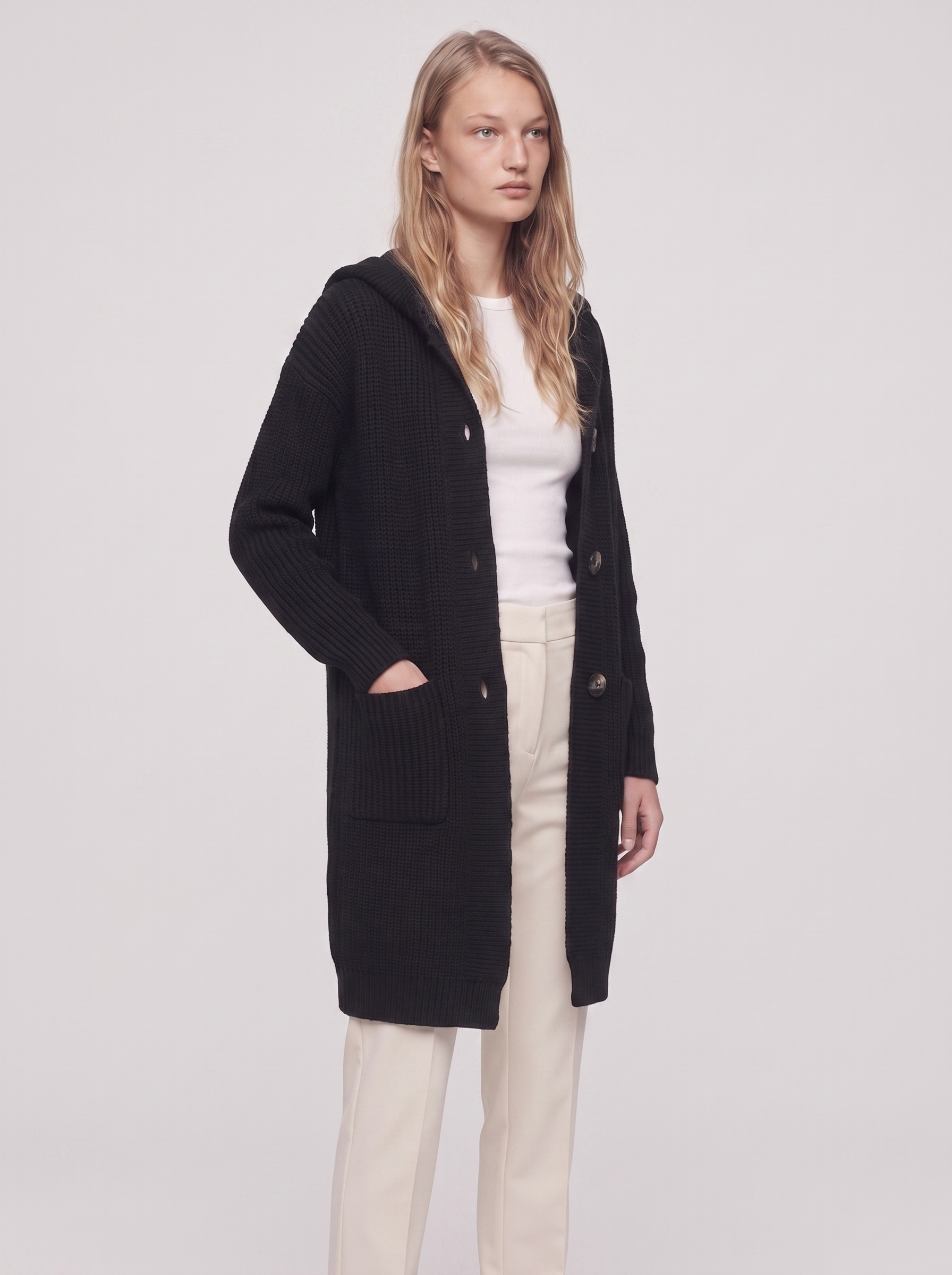 Ella Black Chunky Knit Cardigan Coat - three quarter