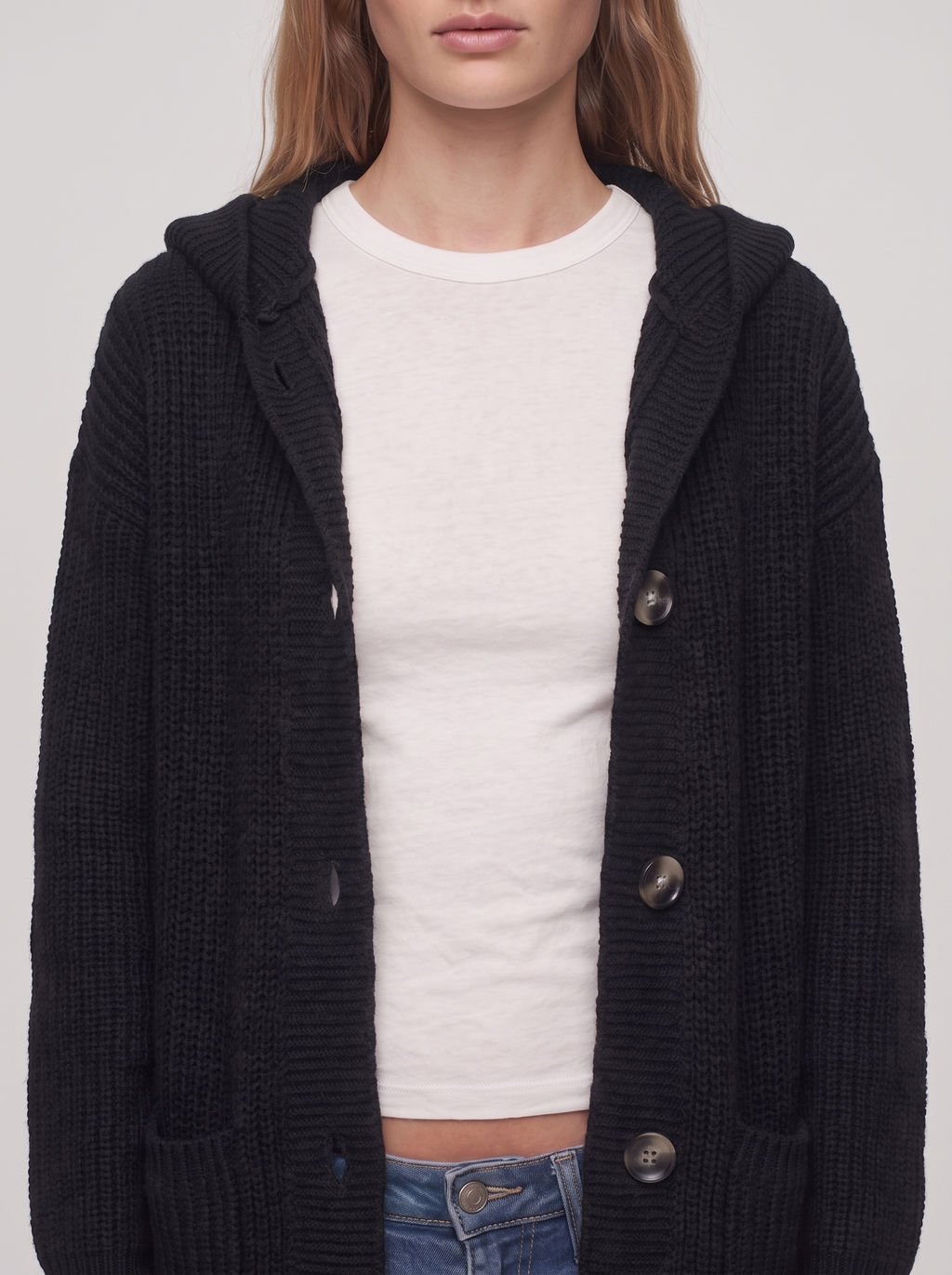Ella Black Chunky Knit Cardigan Coat - detail