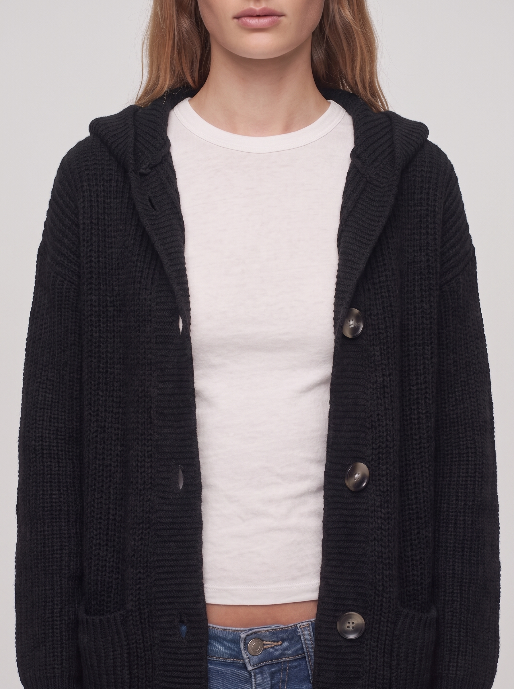 Ella Black Chunky Knit Cardigan Coat - detail