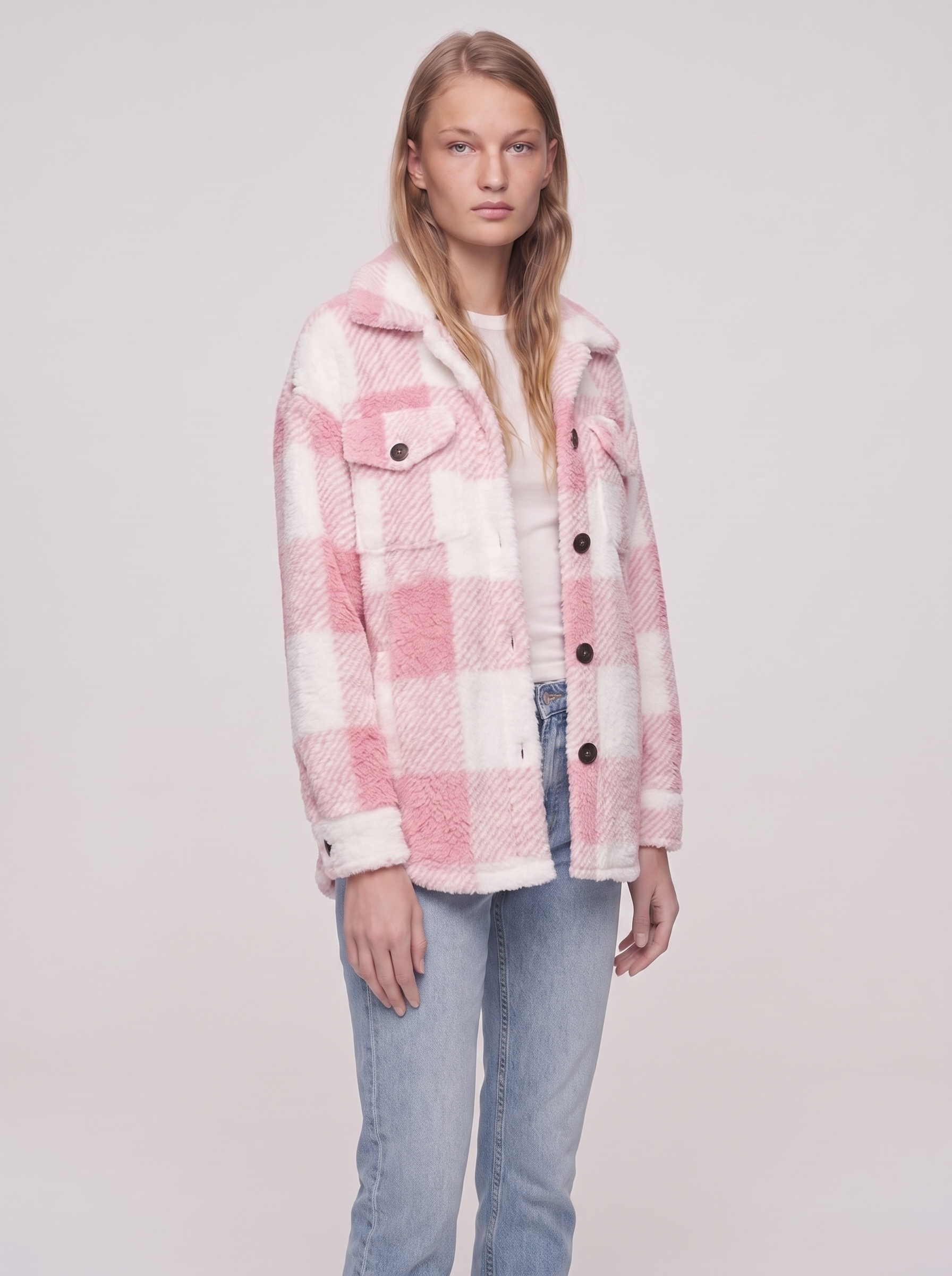 Ella Pink Plaid Fleece Jacket - three quarter