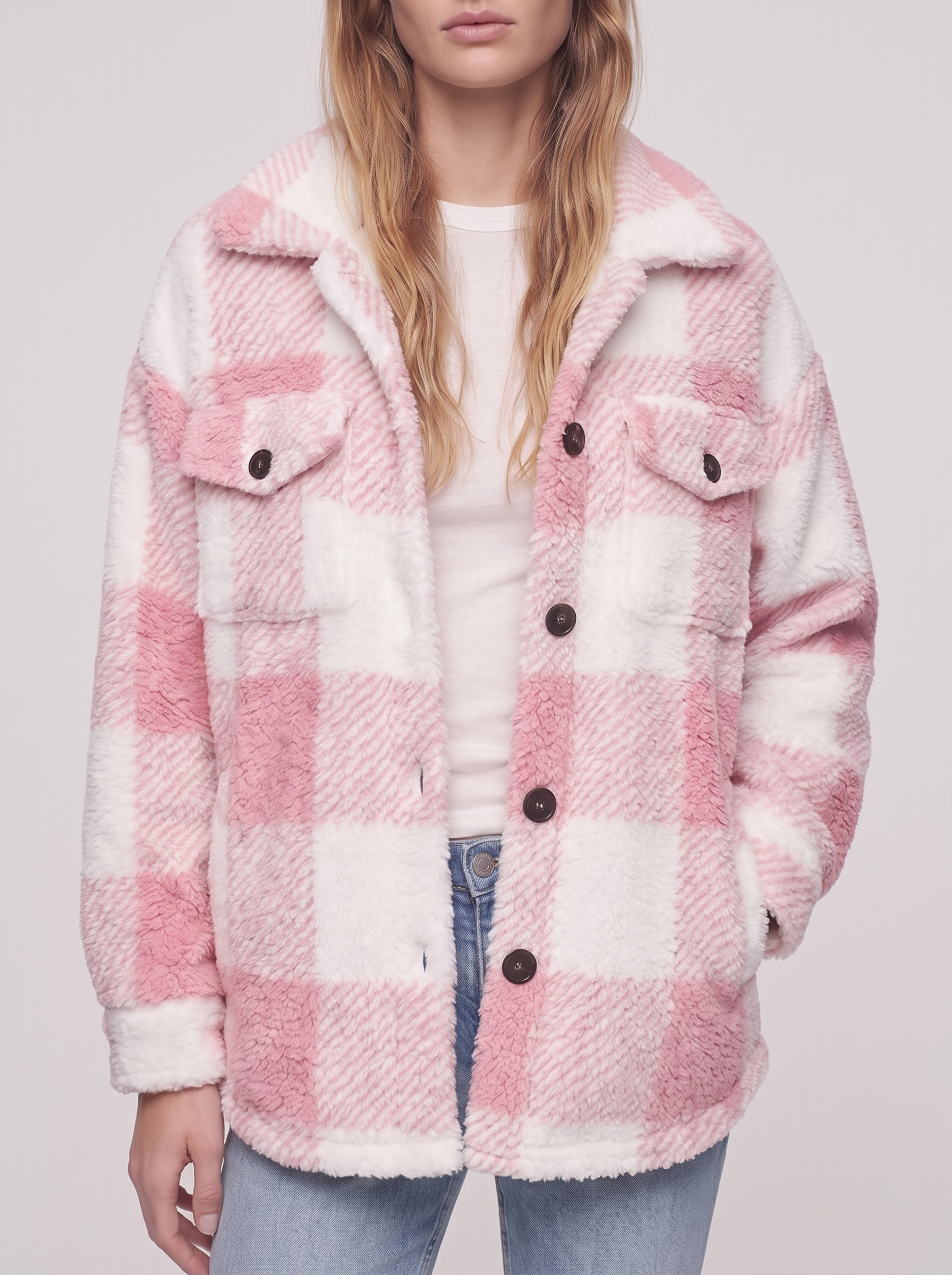 Ella Pink Plaid Fleece Jacket - detail