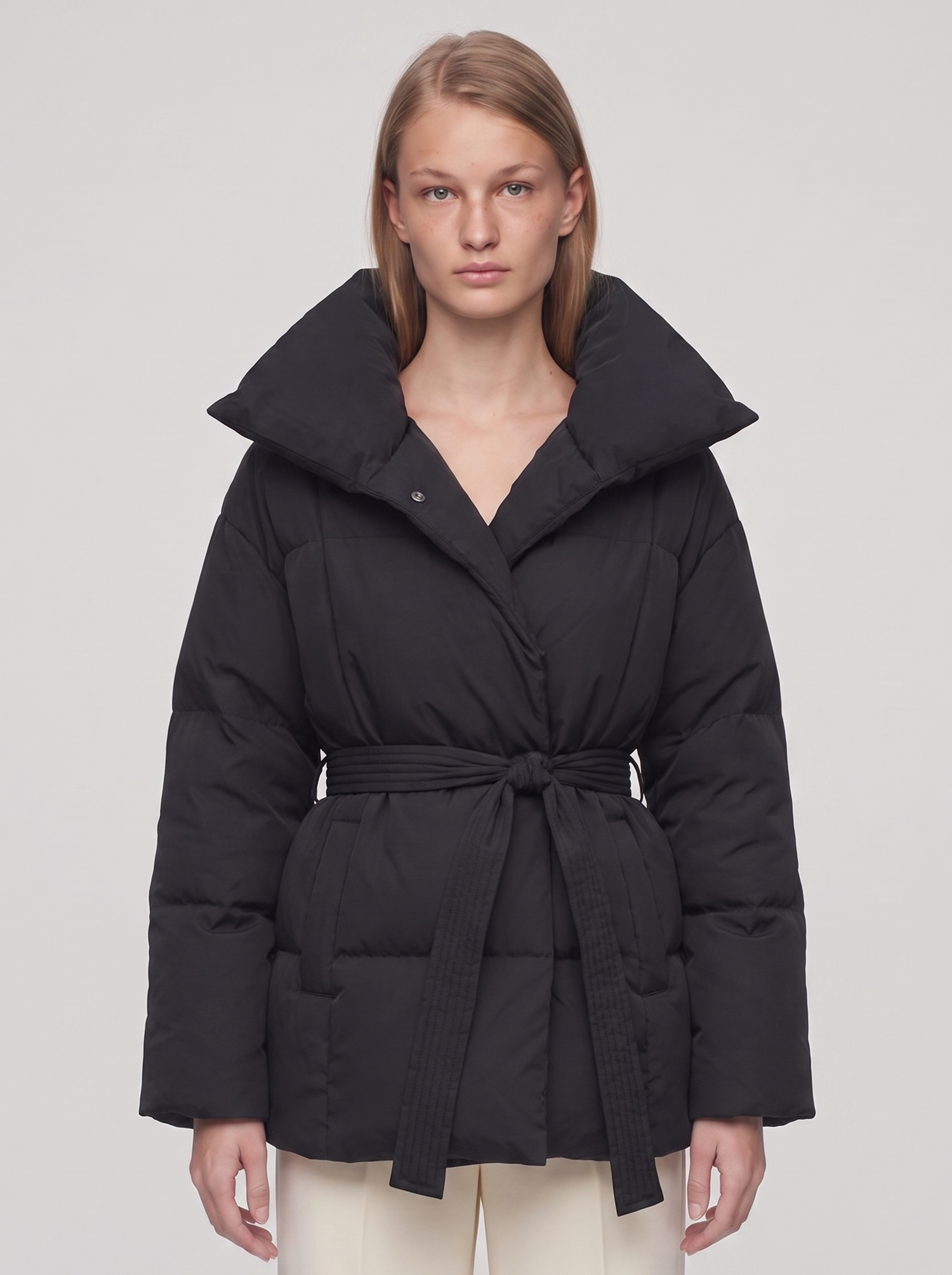 Ella Black Belted Funnel Puffer Jacket - front