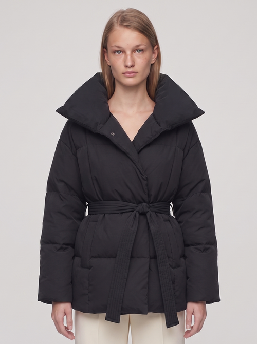 Ella Black Belted Funnel Puffer Jacket - front