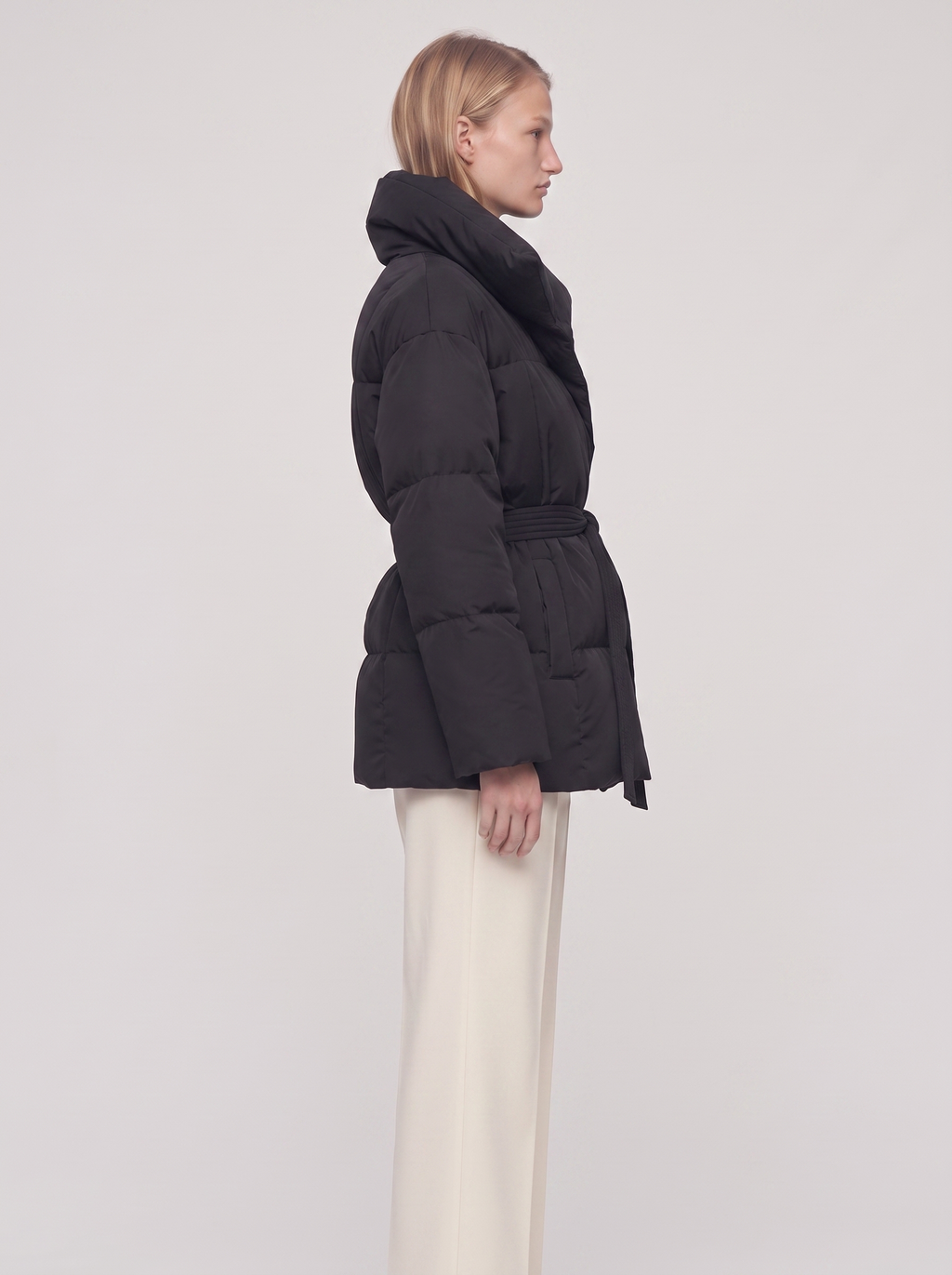 Ella Black Belted Funnel Puffer Jacket - side