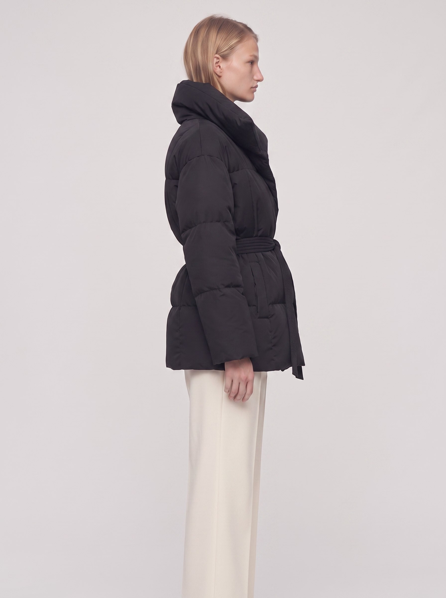 Ella Black Belted Funnel Puffer Jacket - side