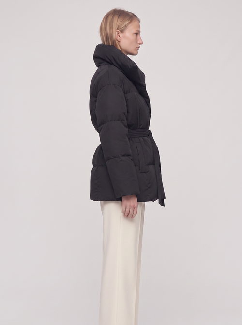 Ella Black Belted Funnel Puffer Jacket - side