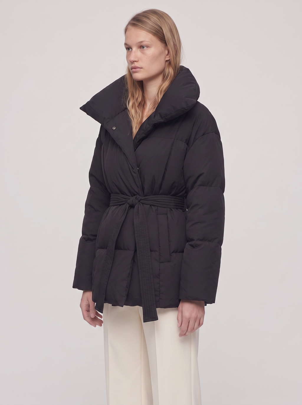 Ella Black Belted Funnel Puffer Jacket - three quarter