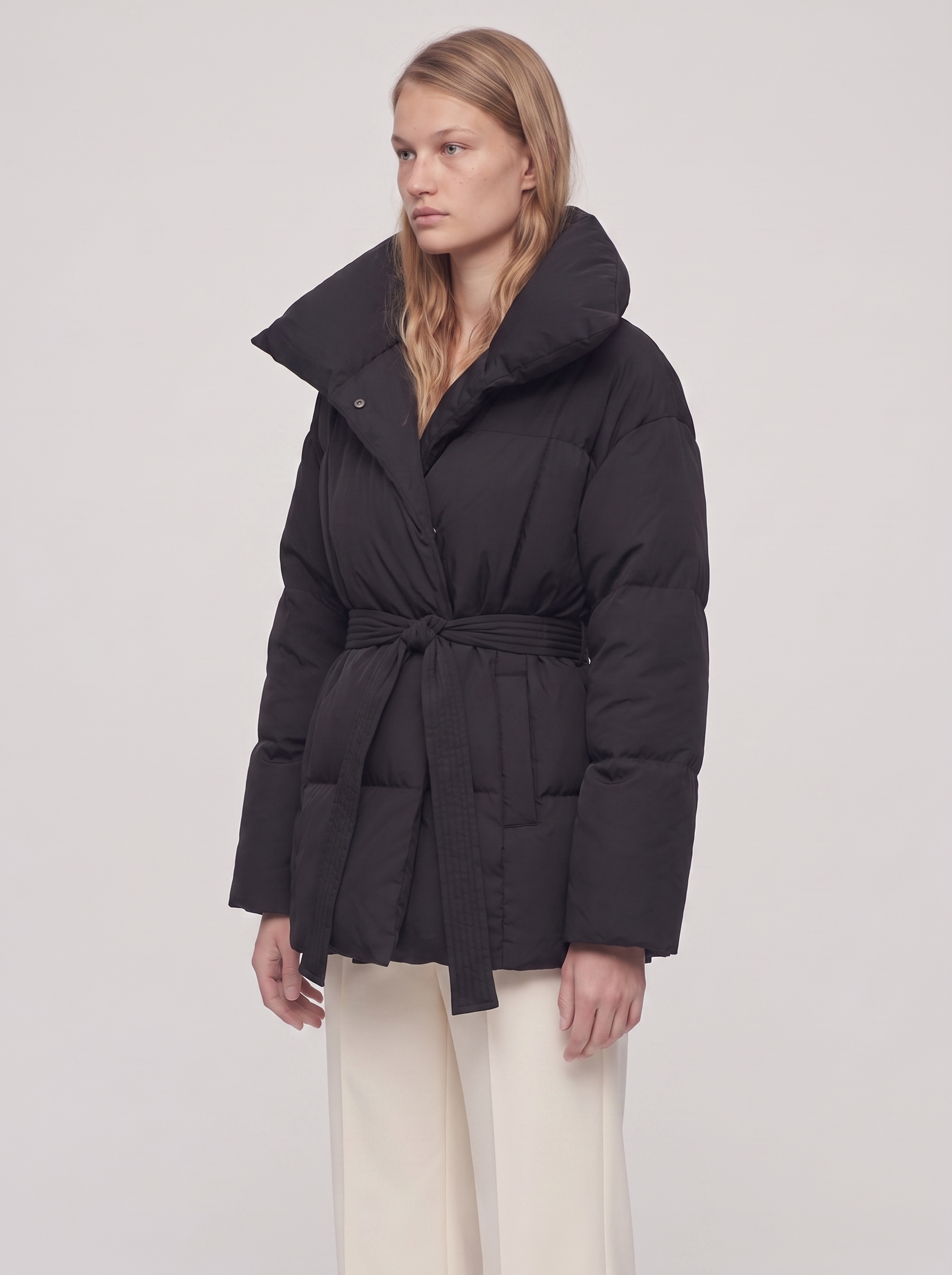 Ella Black Belted Funnel Puffer Jacket - three quarter