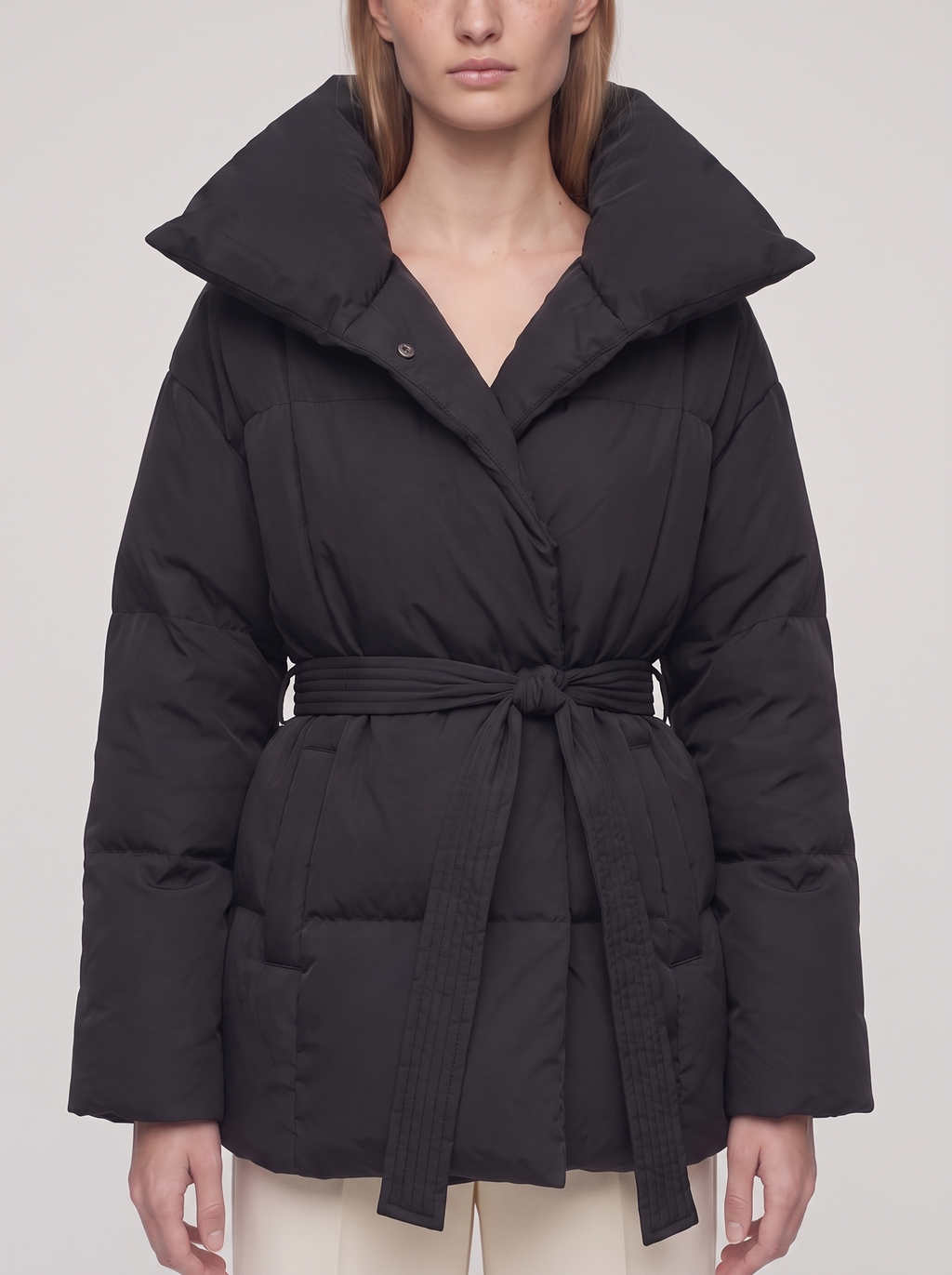Ella Black Belted Funnel Puffer Jacket - detail