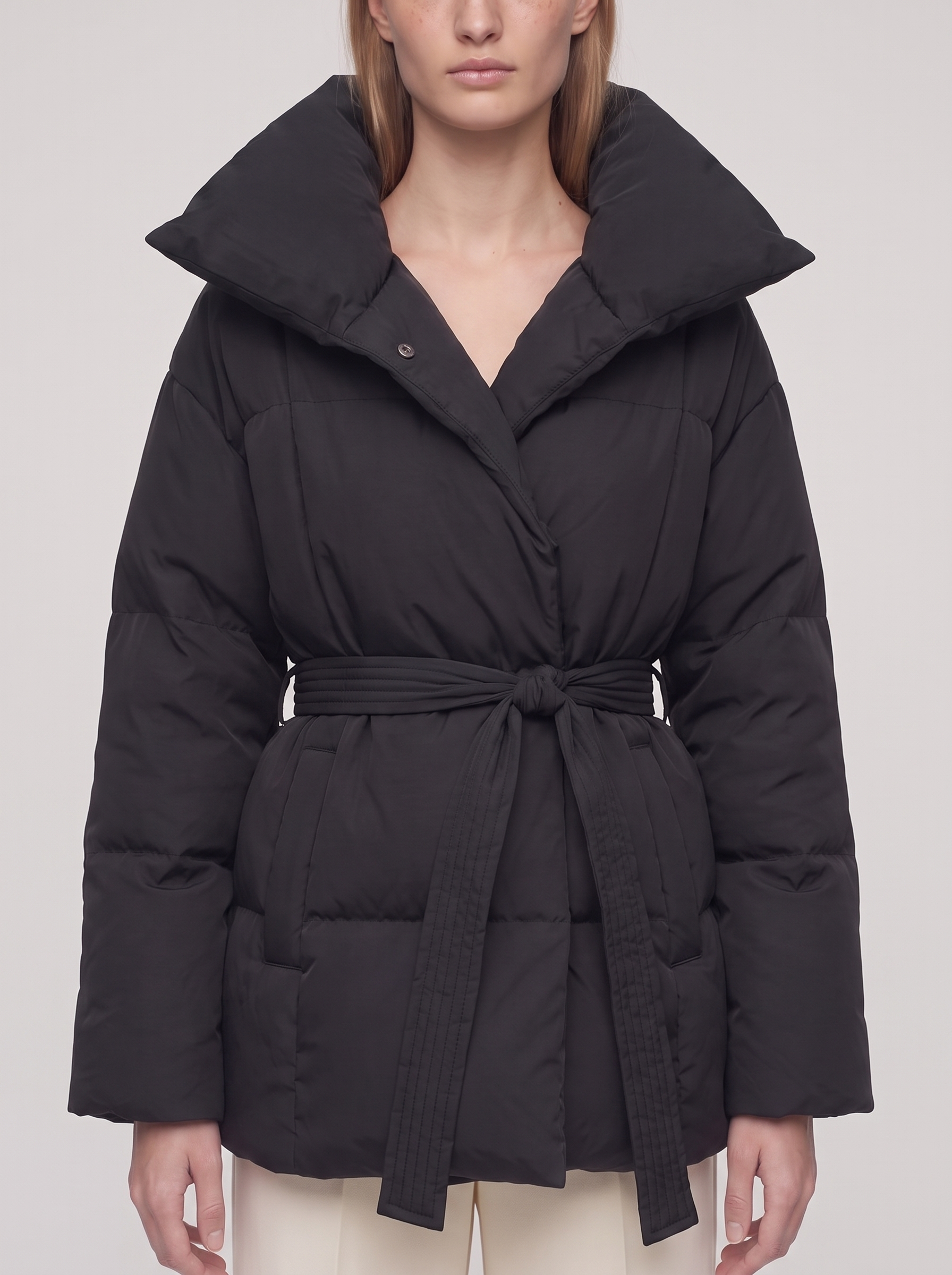 Ella Black Belted Funnel Puffer Jacket - detail