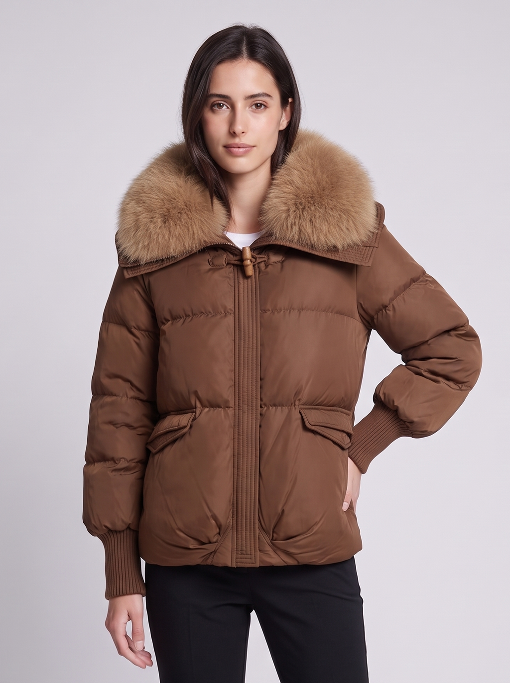 Grace Brown Faux Fur Collar Puffer - front