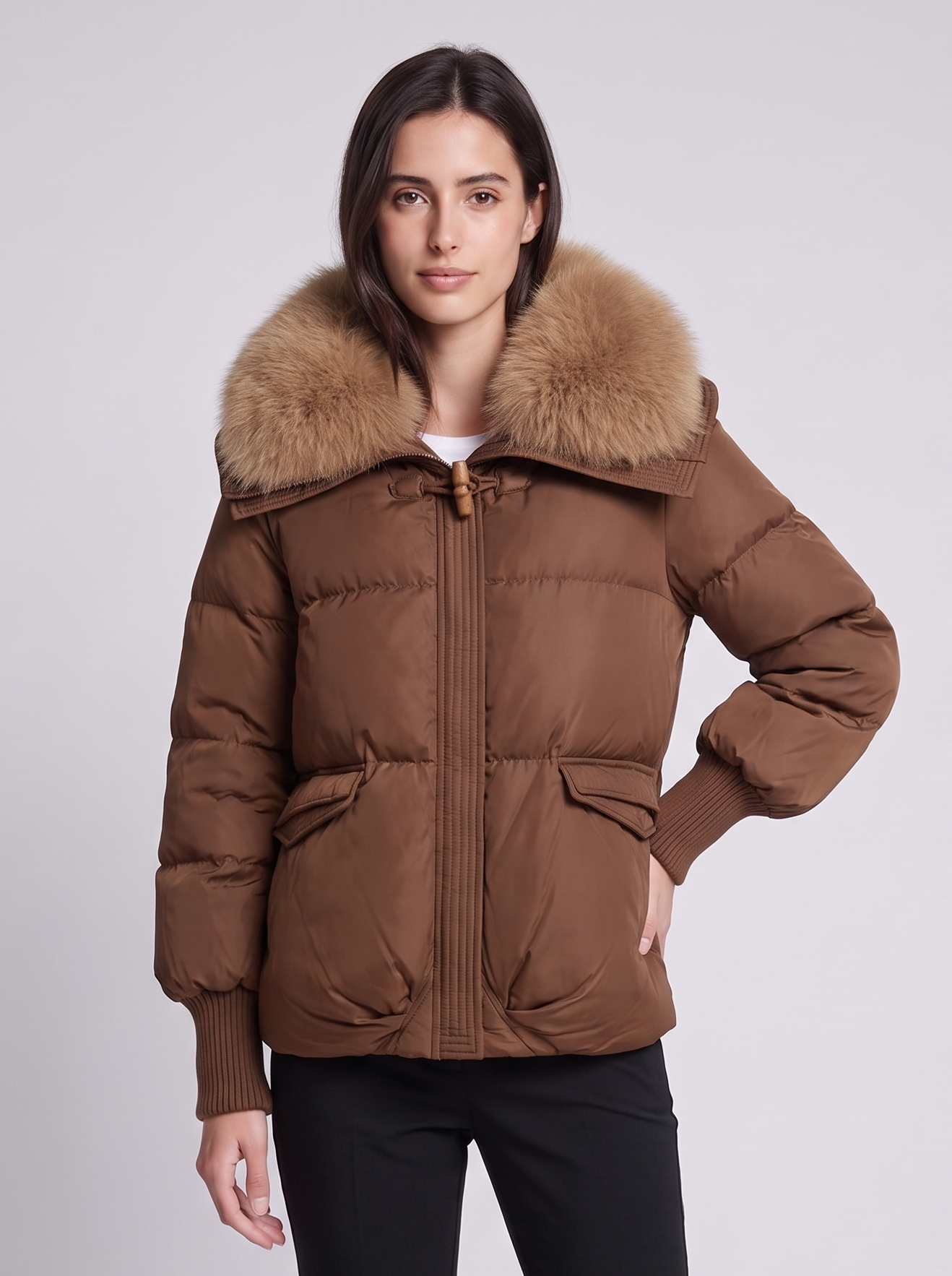 Grace Brown Faux Fur Collar Puffer - front