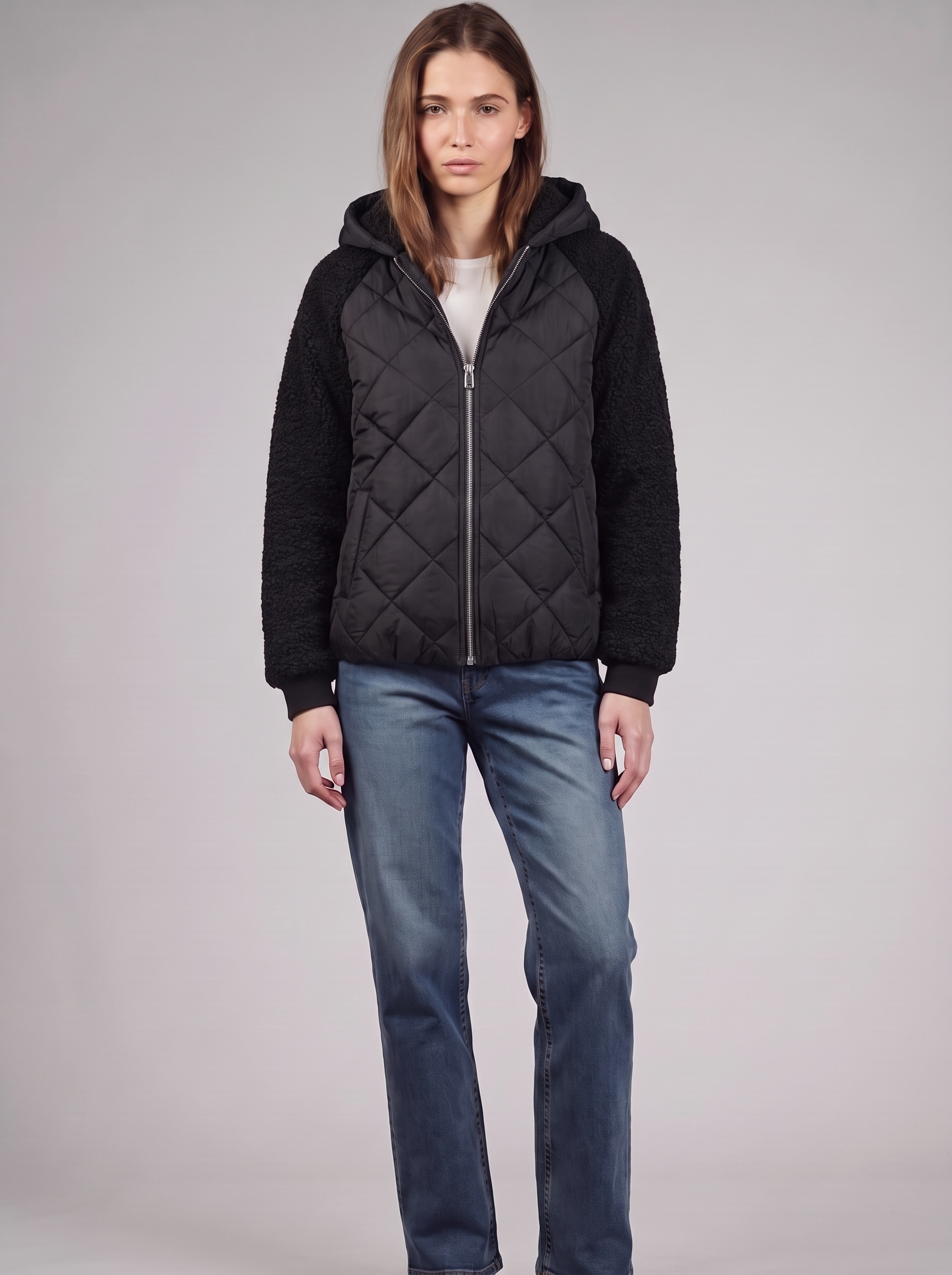 Clara | Black Sherpa Sleeve Quilted Jacket Featured