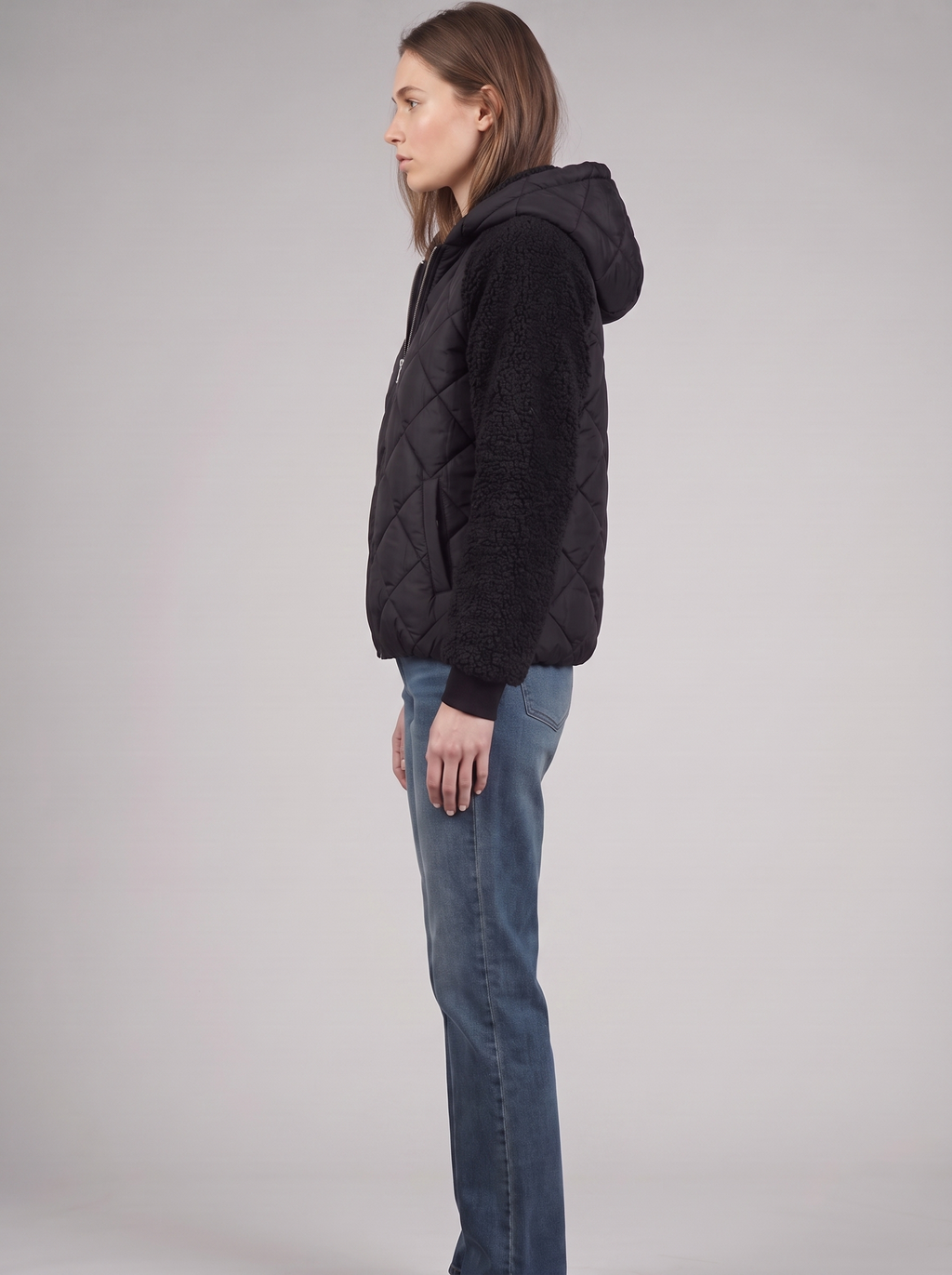 Clara | Black Sherpa Sleeve Quilted Jacket Side