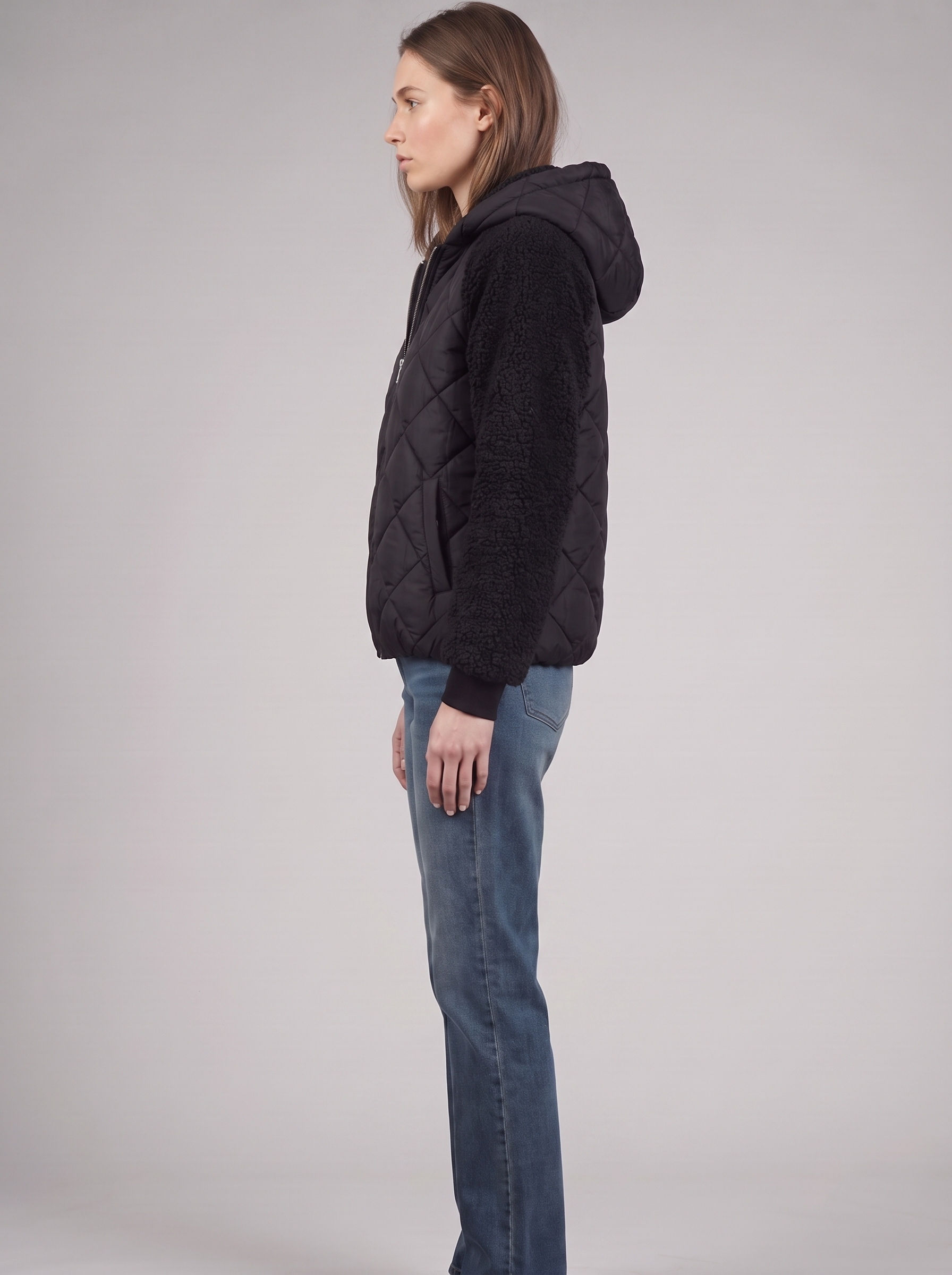 Clara | Black Sherpa Sleeve Quilted Jacket Side