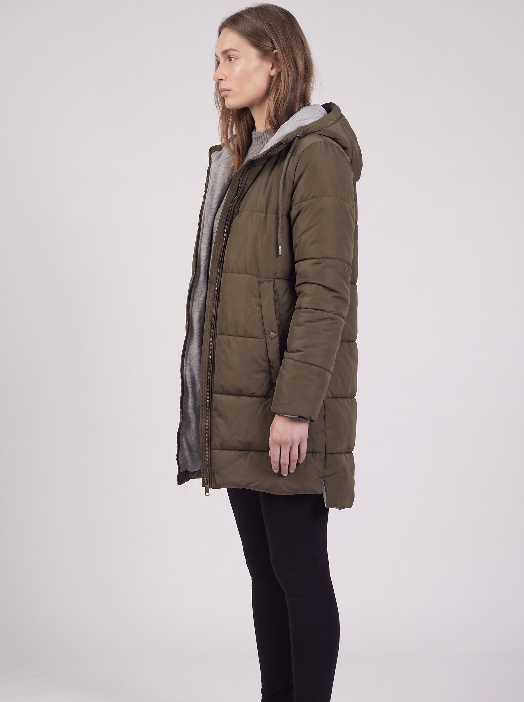 Clara | Olive Hooded Padded Puffer Coat Side