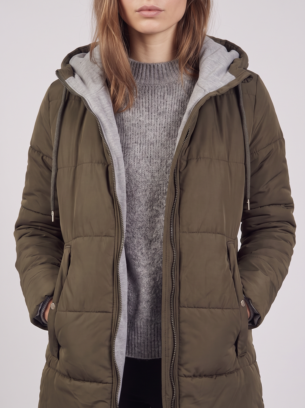 Clara | Olive Hooded Padded Puffer Coat Close-Up
