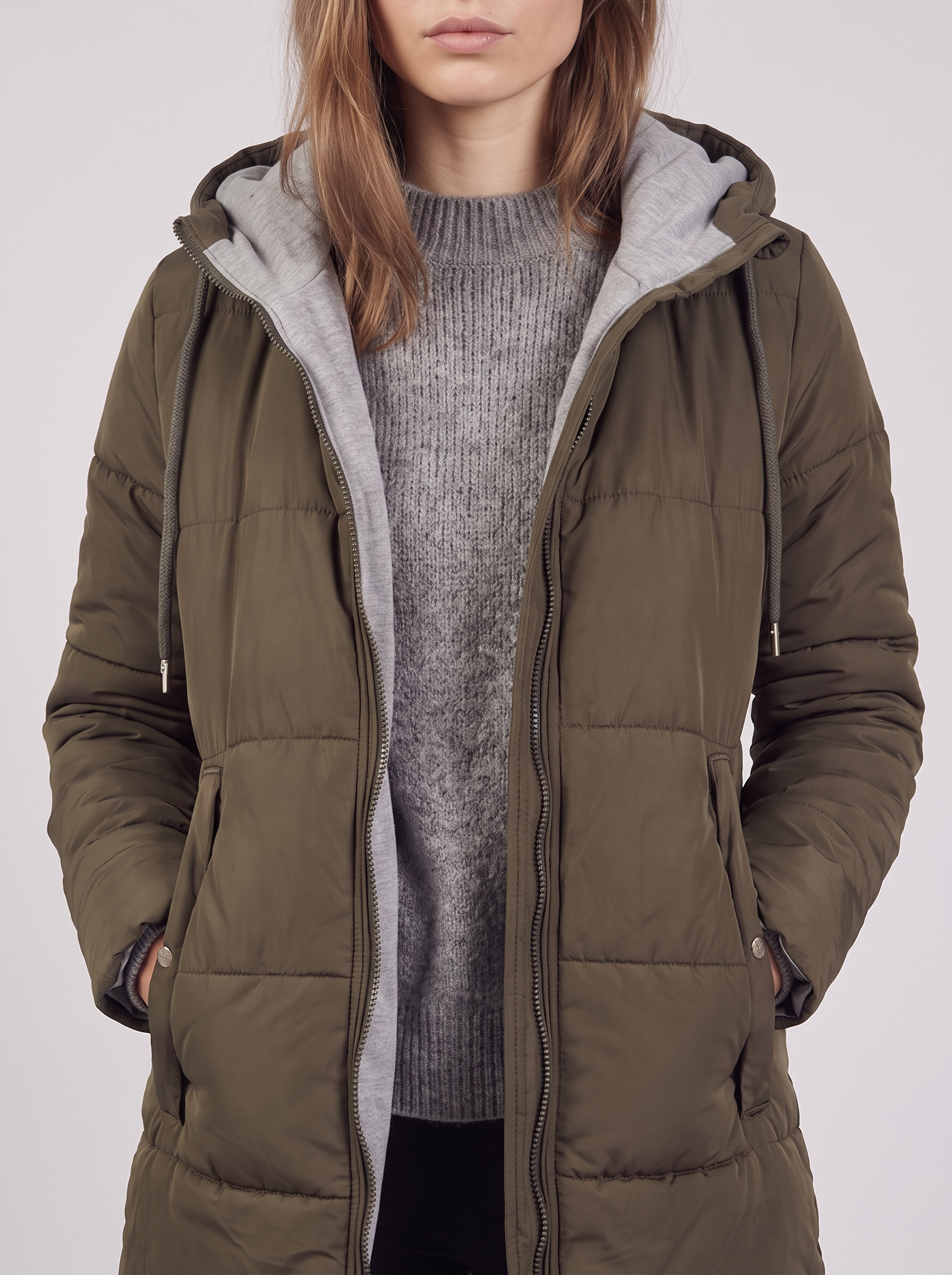 Clara | Olive Hooded Padded Puffer Coat Close-Up