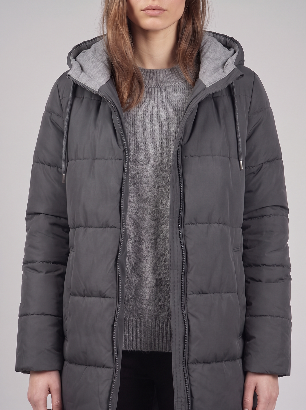 Clara | Grey Hooded Padded Puffer Coat Close-Up