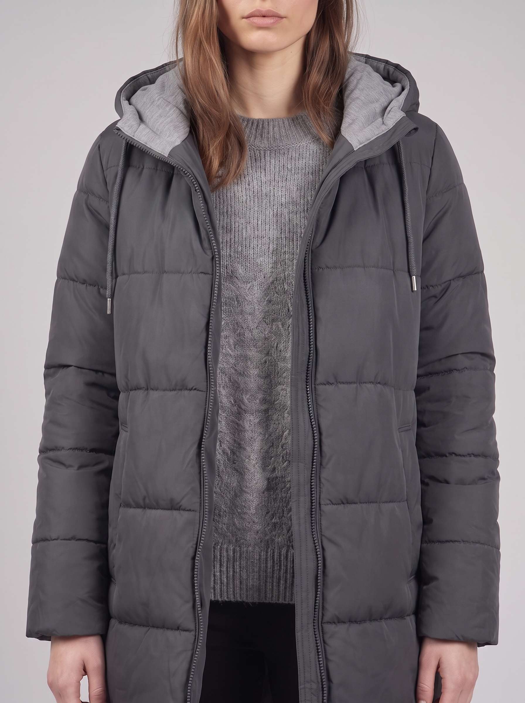 Clara | Grey Hooded Padded Puffer Coat Close-Up