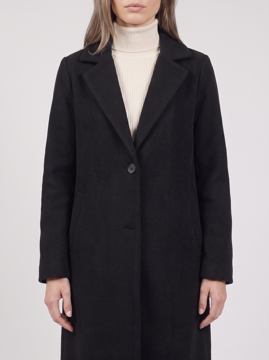 Clara | Black Button-Up Longline Coat Close-Up