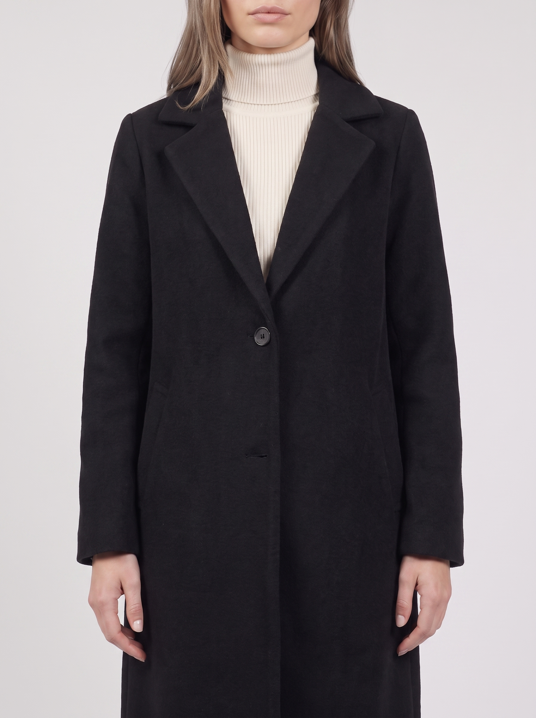 Clara | Black Button-Up Longline Coat Close-Up