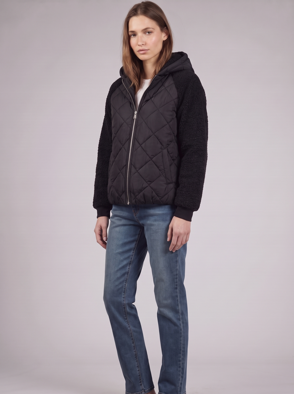 Clara | Black Sherpa Sleeve Quilted Jacket 3-4 Turn